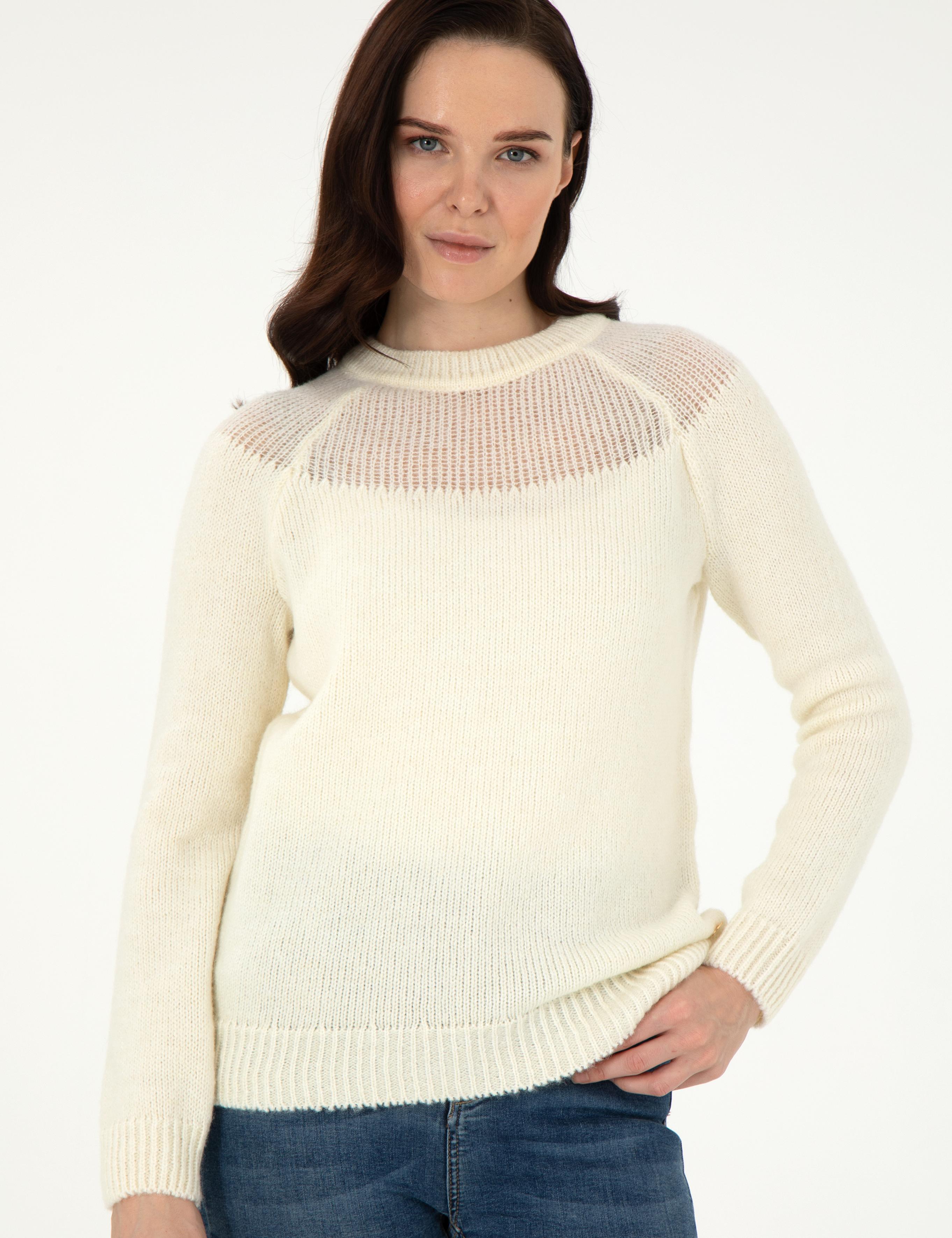 Ekru Regular Fit Yün Karışımlı Kazak