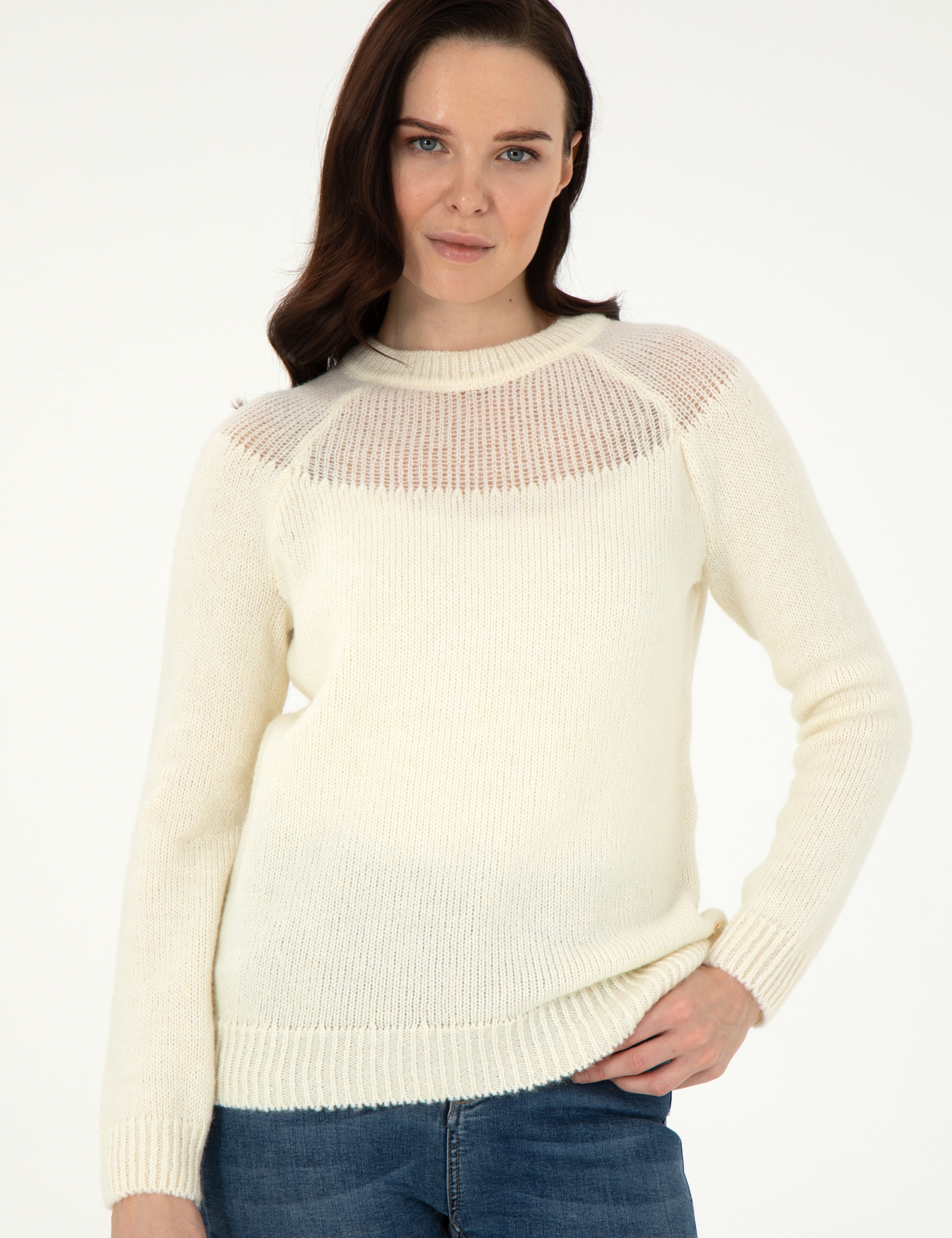 Ekru Regular Fit Yün Karışımlı Kazak - Image 3