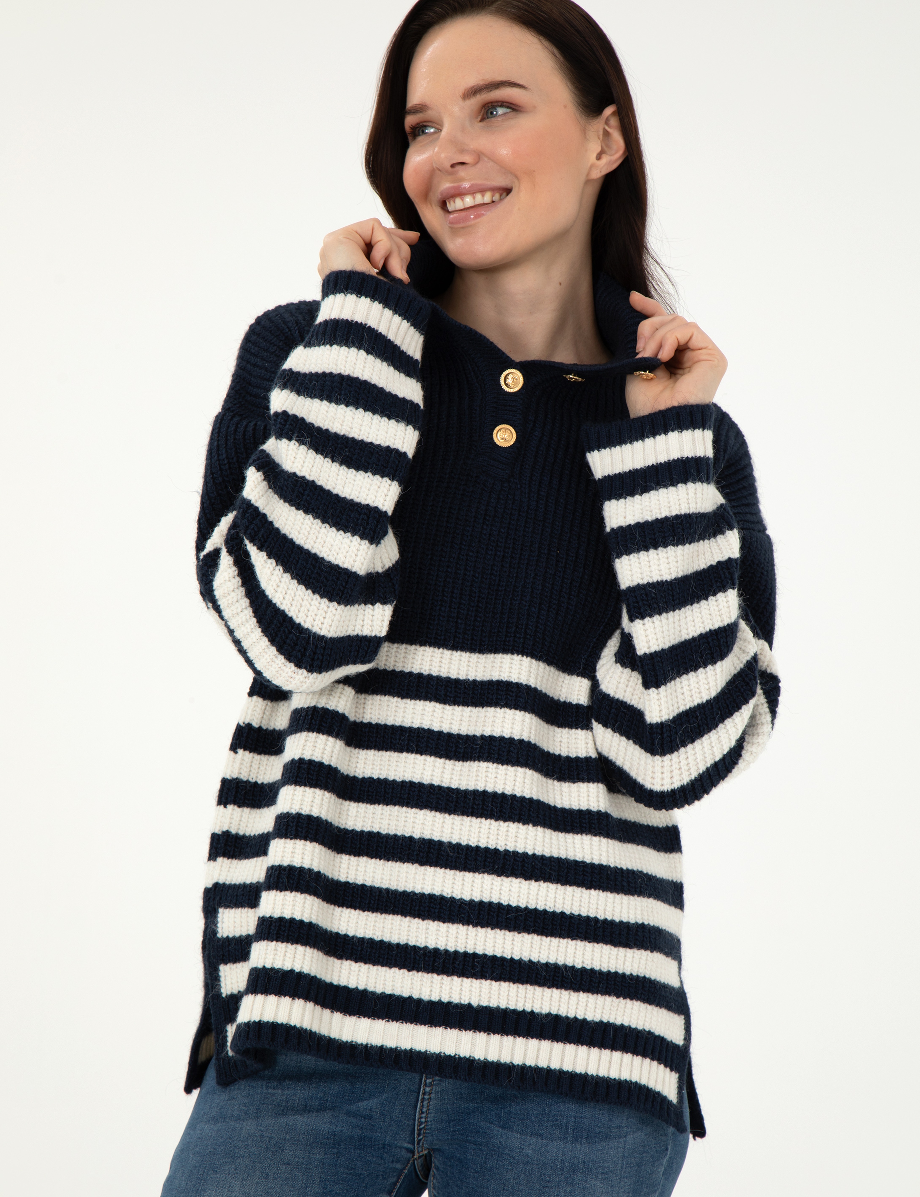 Lacivert Comfort Fit Düğmeli Kazak