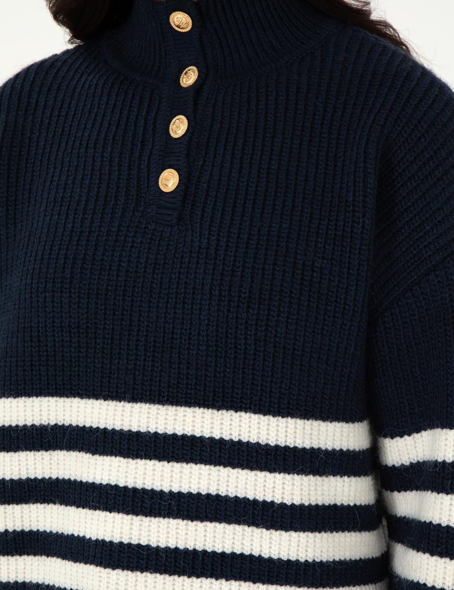 Lacivert Comfort Fit Düğmeli Kazak