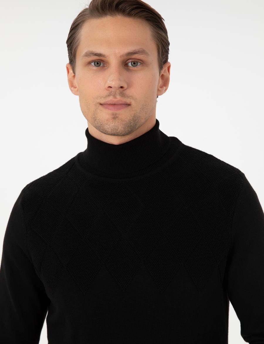 Siyah Slim Fit  Balıkçı Yaka Triko Kazak