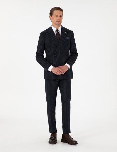 Lacivert Ex. Slim Fit Çizgili Kruvaze Takım Elbise