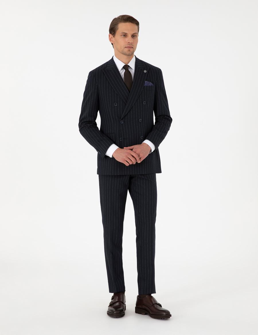 Lacivert Ex. Slim Fit Çizgili Kruvaze Takım Elbise