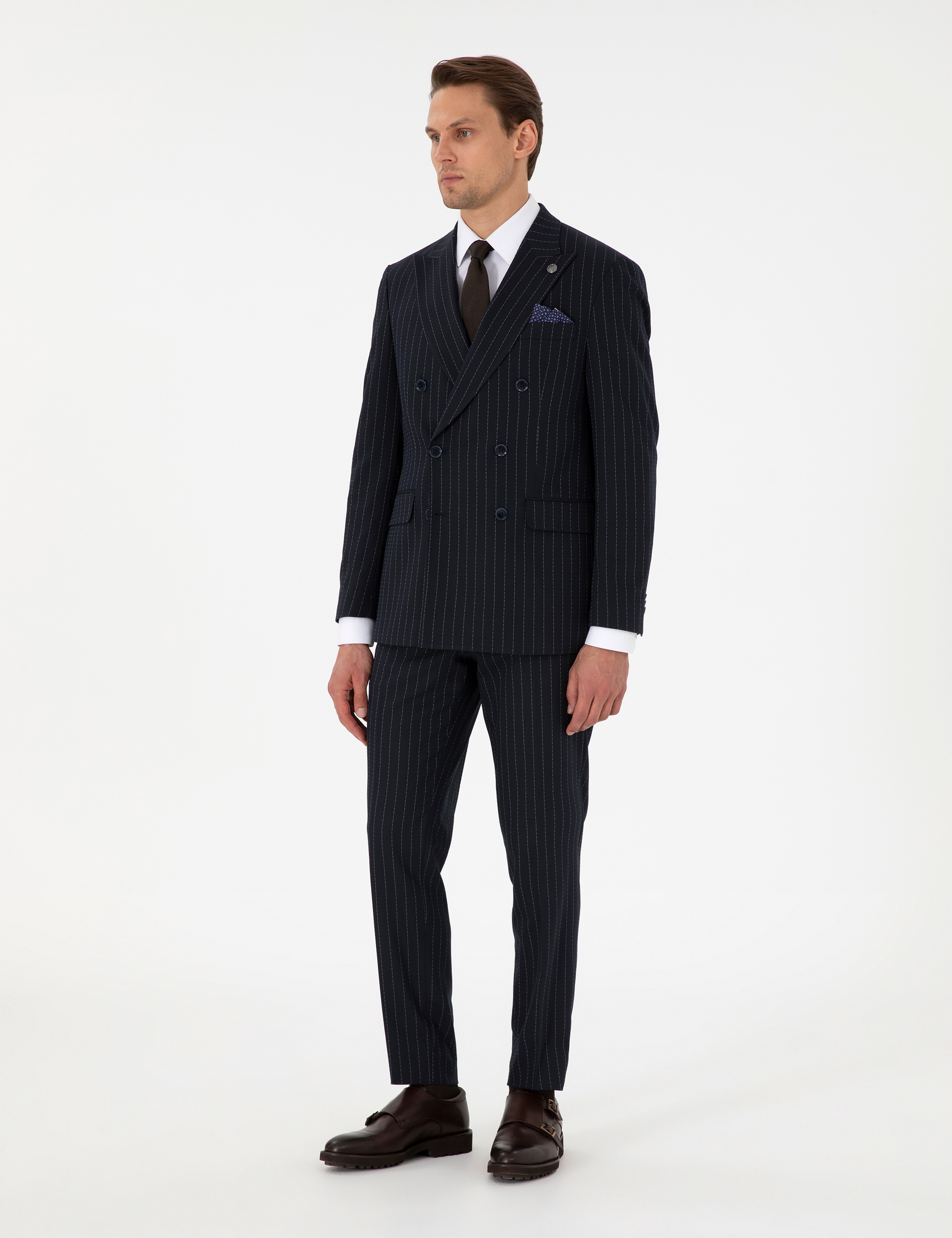 Lacivert Ex. Slim Fit Çizgili Kruvaze Takım Elbise