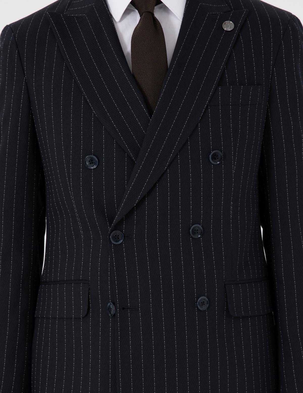 Lacivert Ex. Slim Fit Çizgili Kruvaze Takım Elbise - 50306677005