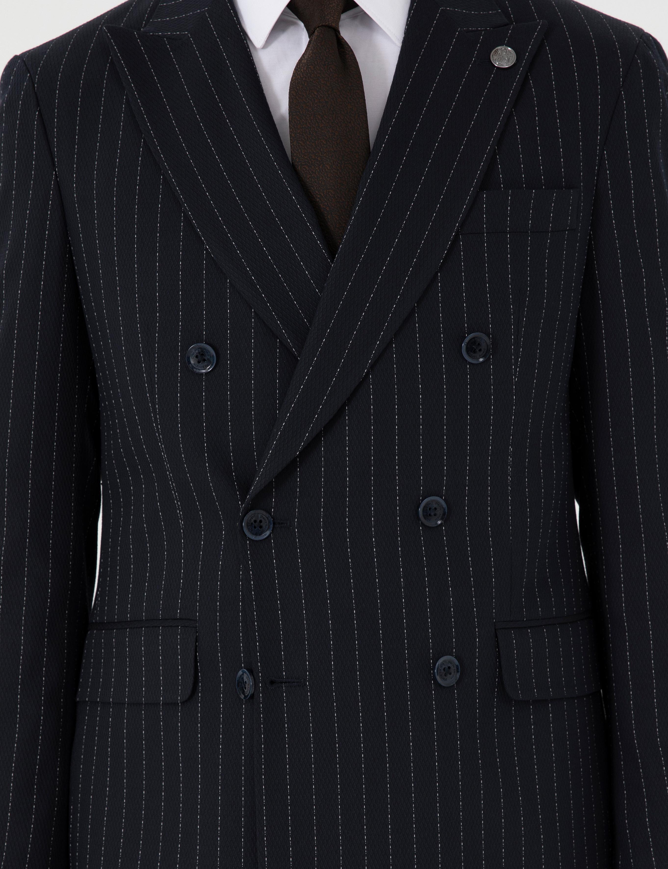 Lacivert Ex. Slim Fit Çizgili Kruvaze Takım Elbise