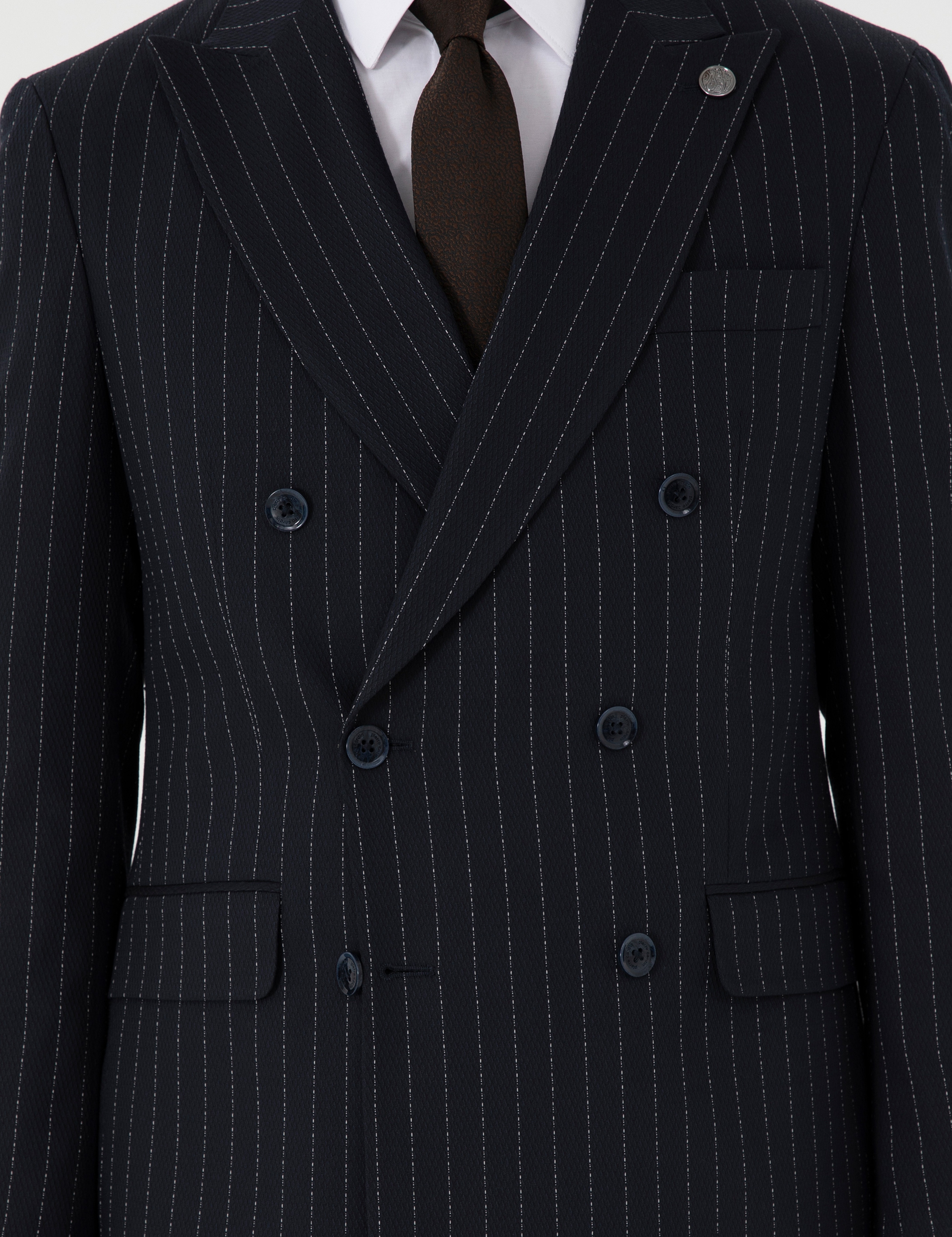 Lacivert Ex. Slim Fit Çizgili Kruvaze Takım Elbise