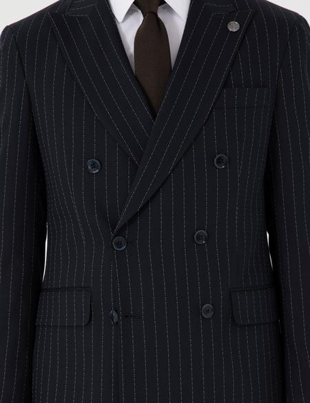 Lacivert Ex. Slim Fit Çizgili Kruvaze Takım Elbise - 50306677005