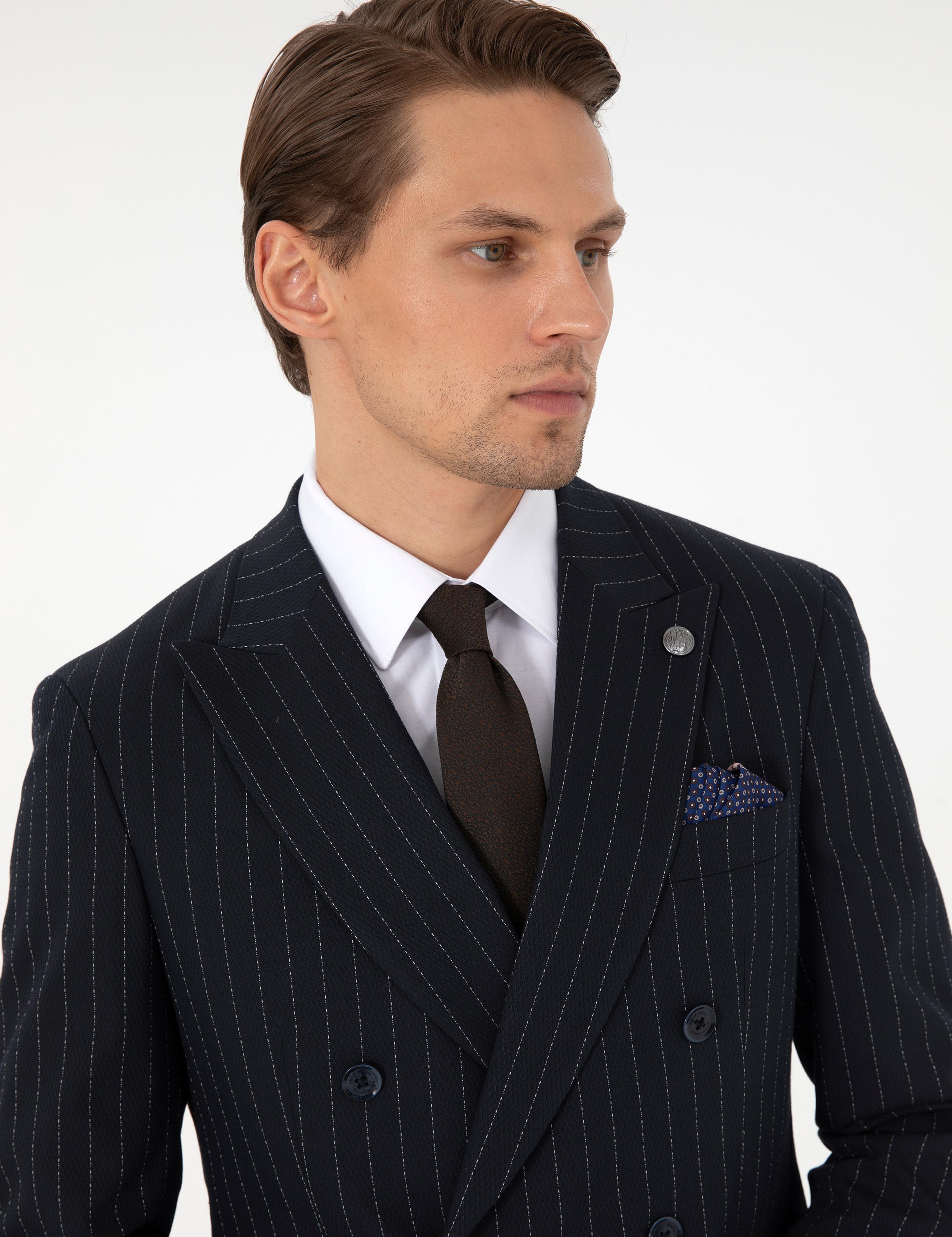 Lacivert Ex. Slim Fit Çizgili Kruvaze Takım Elbise