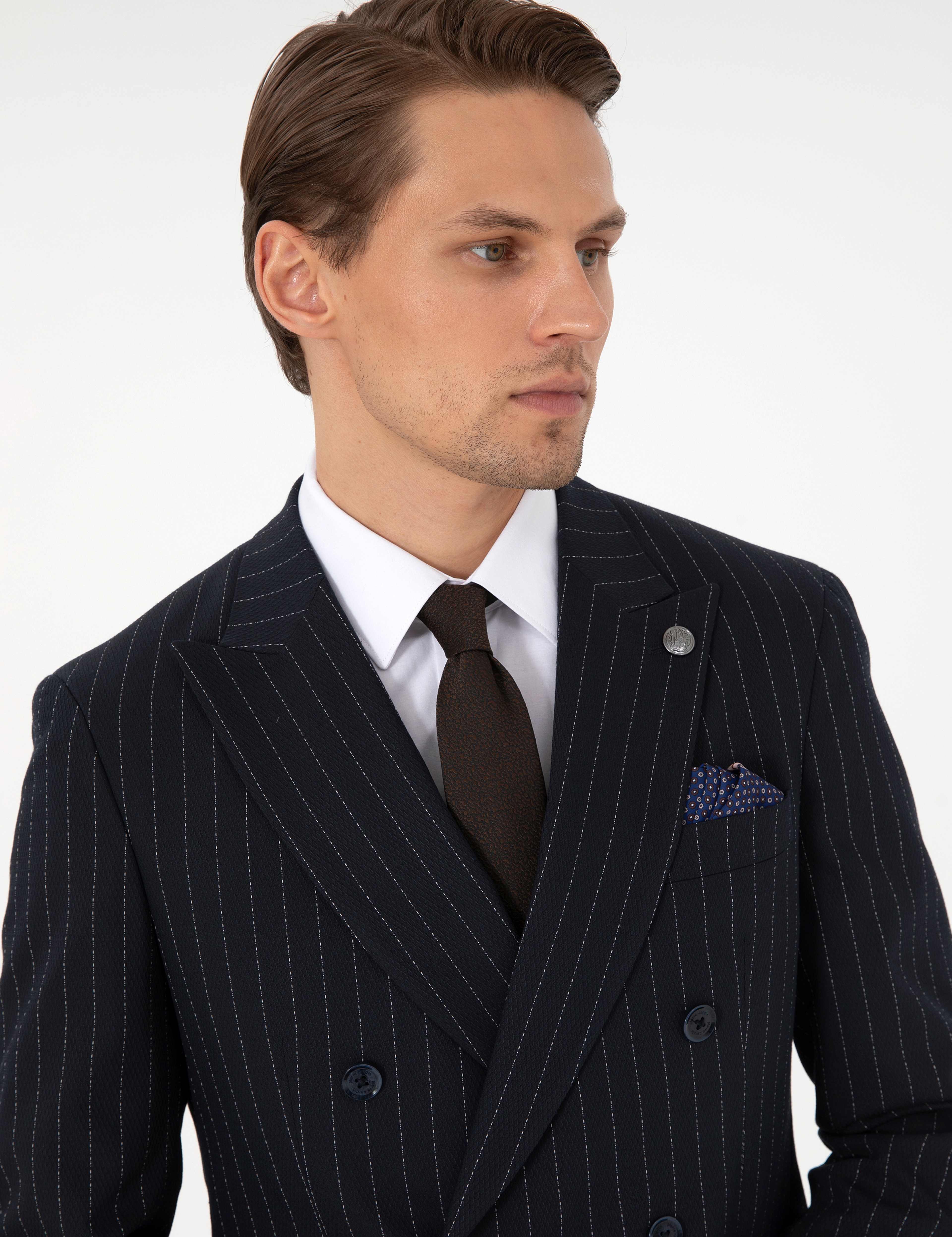 Lacivert Ex. Slim Fit Çizgili Kruvaze Takım Elbise