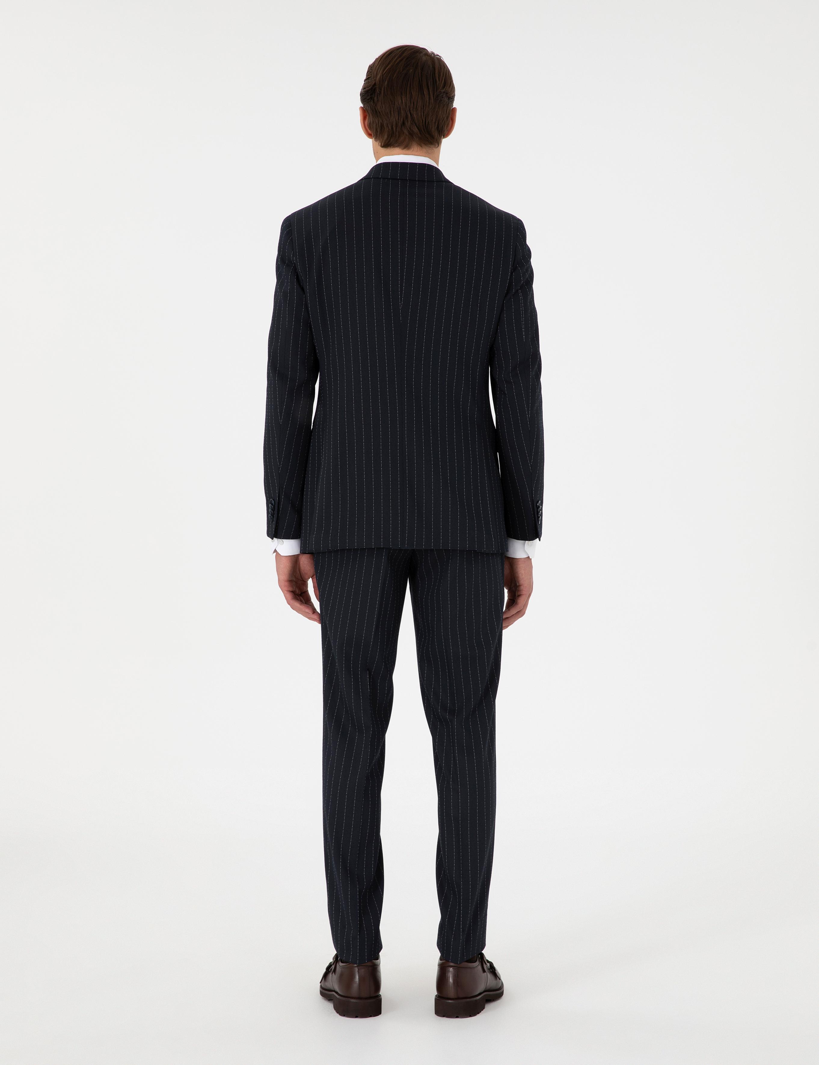 Lacivert Ex. Slim Fit Çizgili Kruvaze Takım Elbise