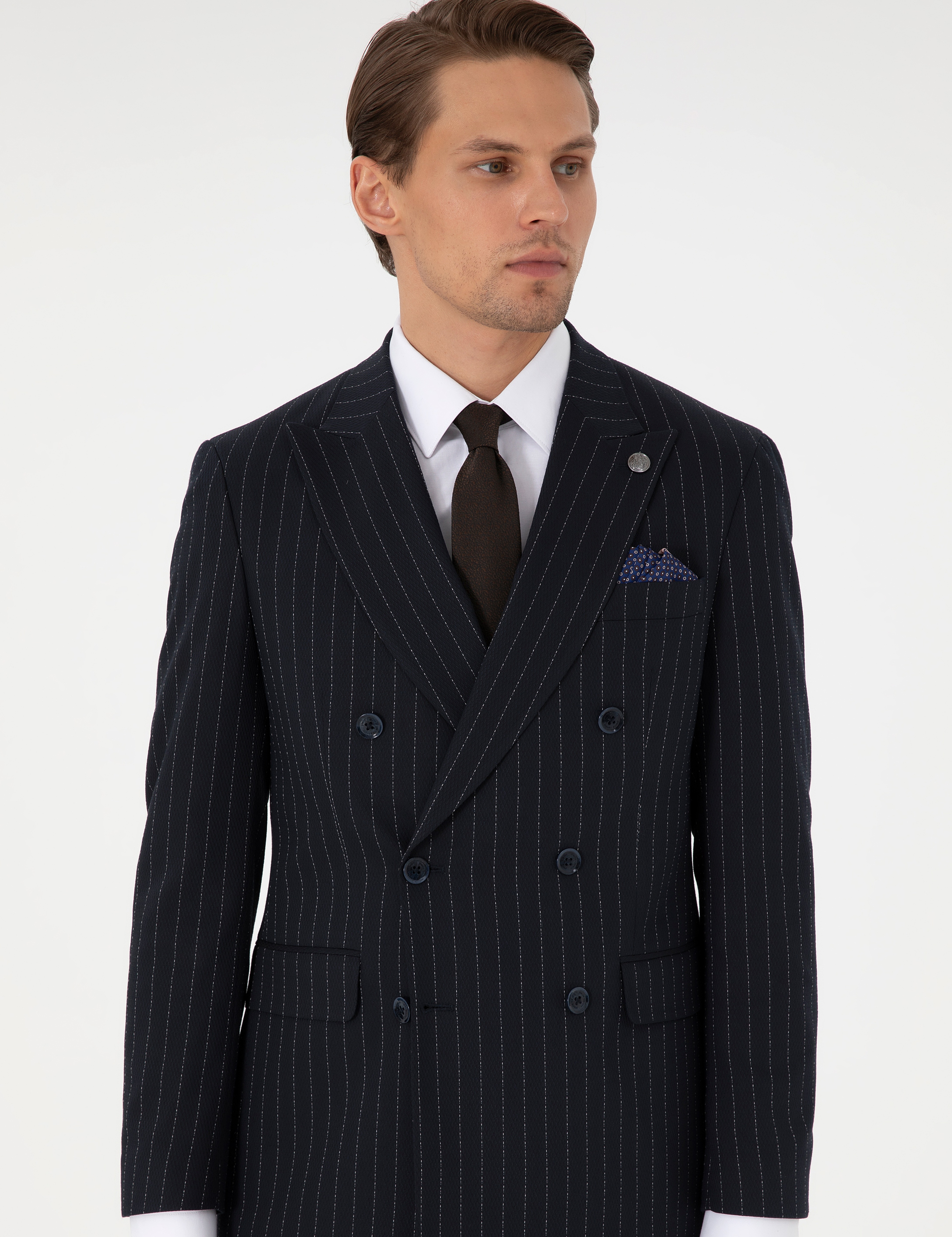Lacivert Ex. Slim Fit Çizgili Kruvaze Takım Elbise - Image 3