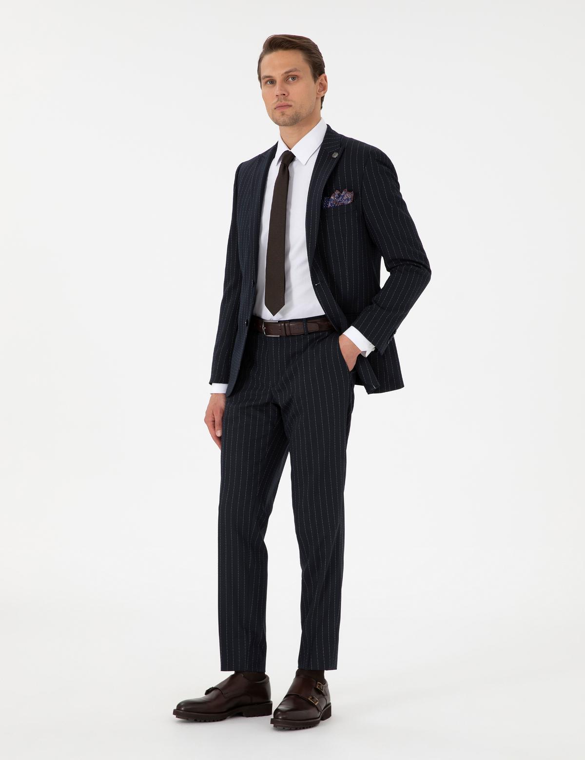 Lacivert Ex. Slim Fit Çizgili Takım Elbise - 50306678005