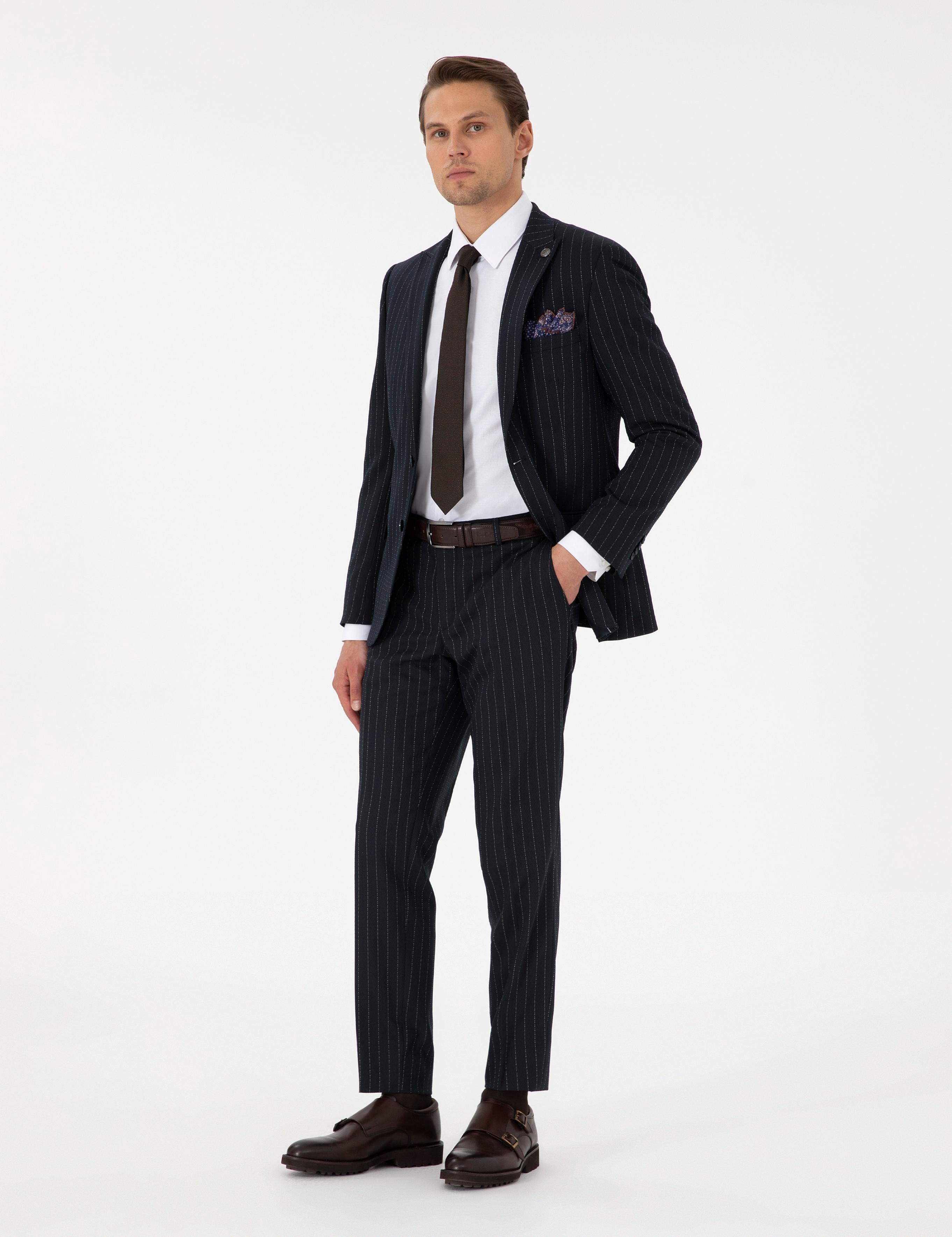 Lacivert Ex. Slim Fit Çizgili Takım Elbise