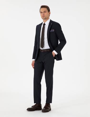 Lacivert Ex. Slim Fit Çizgili Takım Elbise