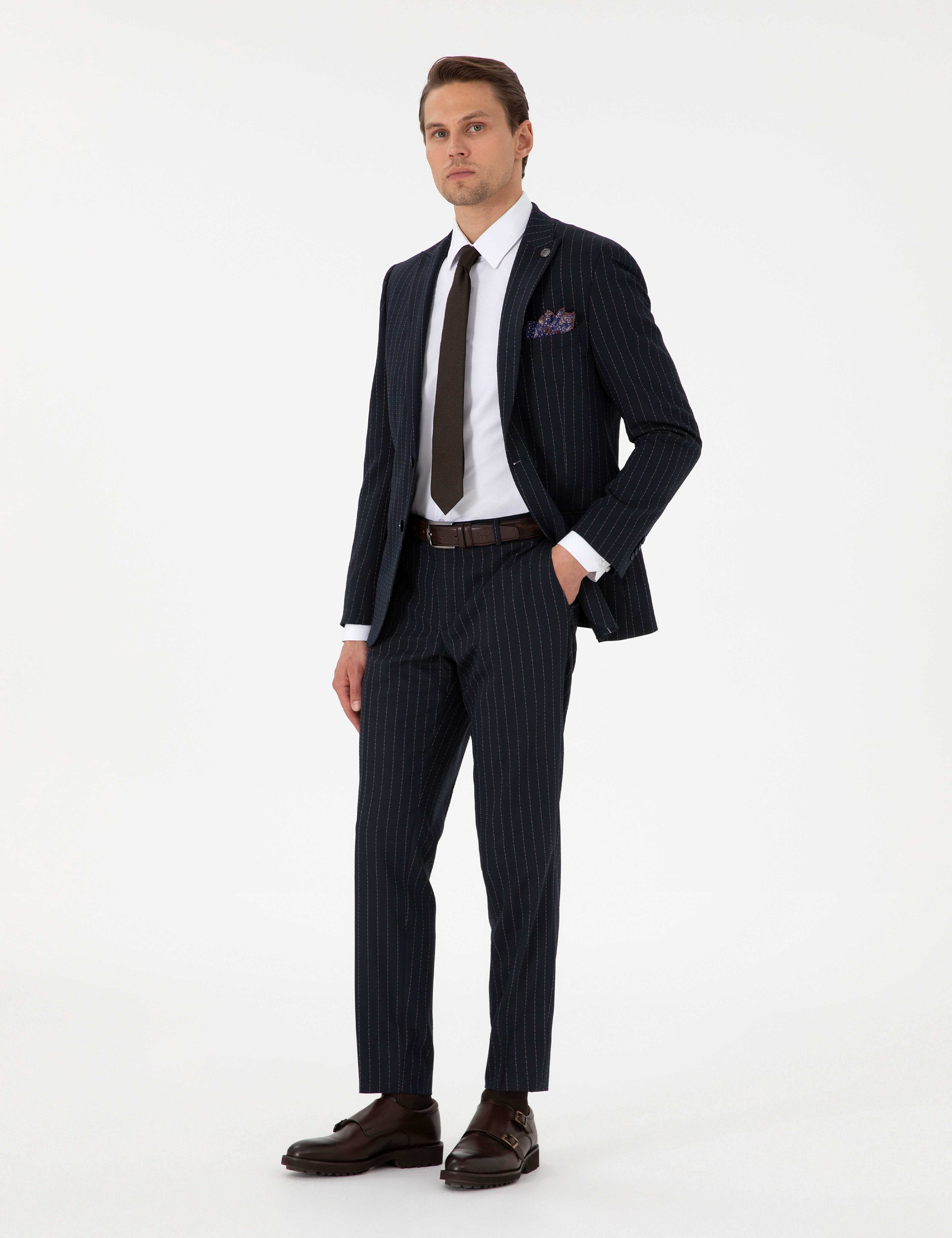 Lacivert Extra Slim Fit Çizgili Takım Elbise - Image 4