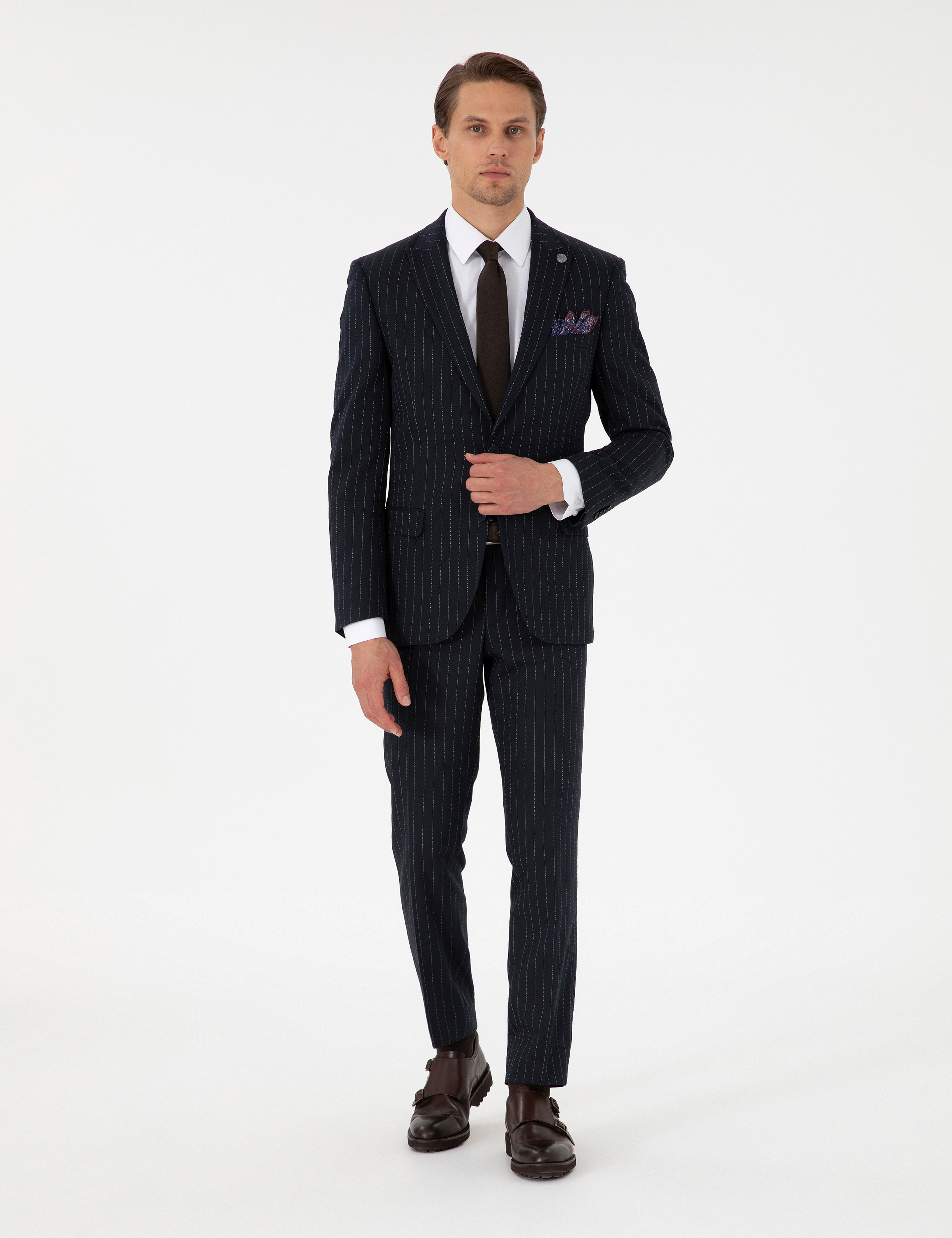 Lacivert Extra Slim Fit Çizgili Takım Elbise