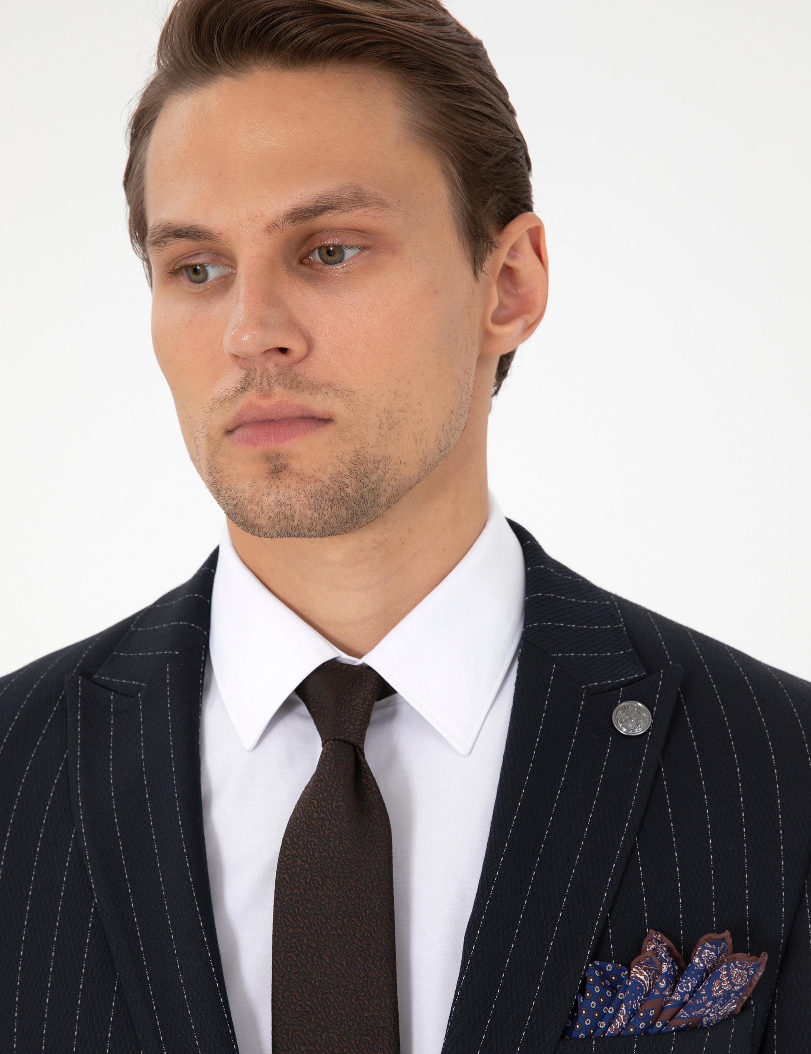 Lacivert Ex. Slim Fit Çizgili Takım Elbise