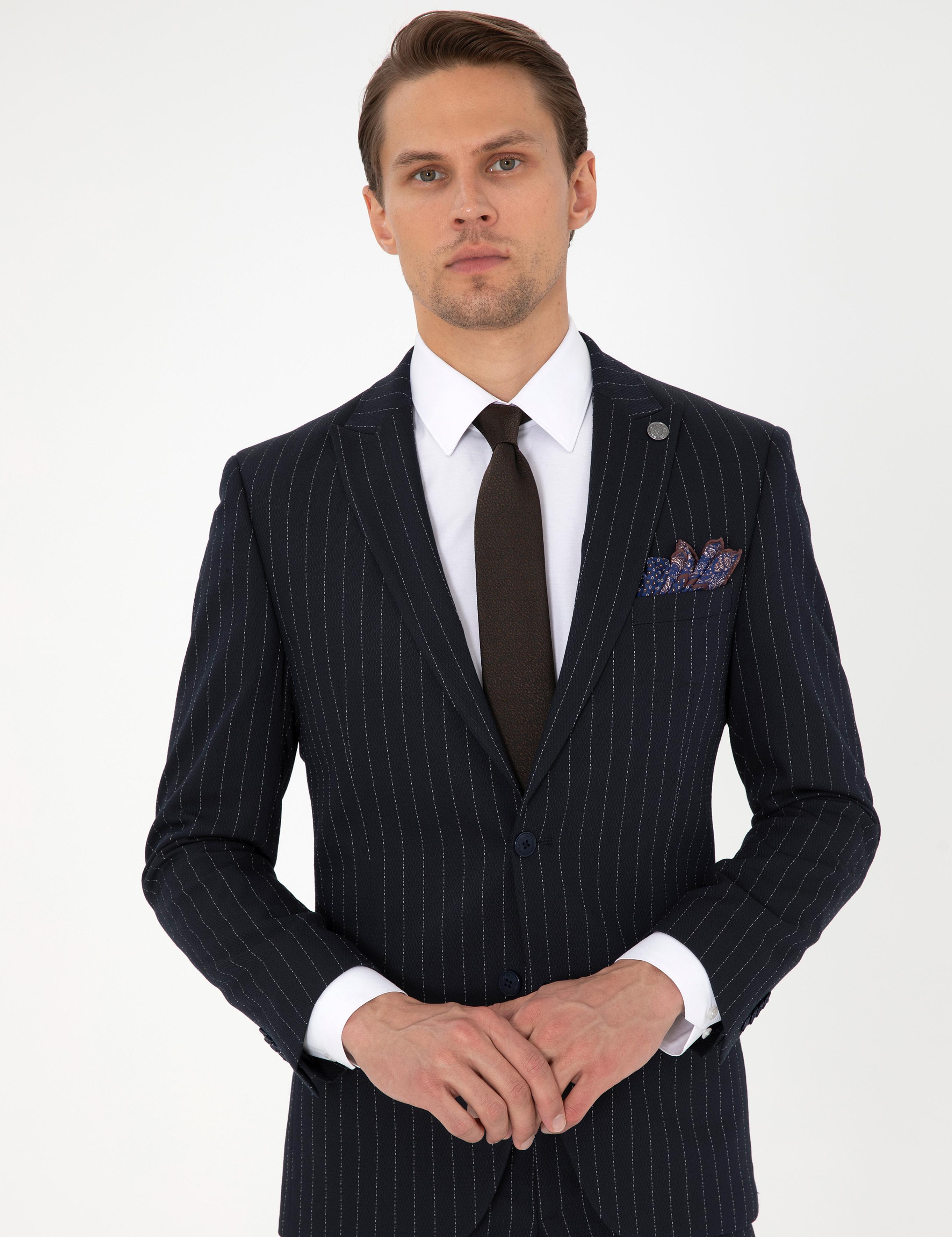 Lacivert Ex. Slim Fit Çizgili Takım Elbise