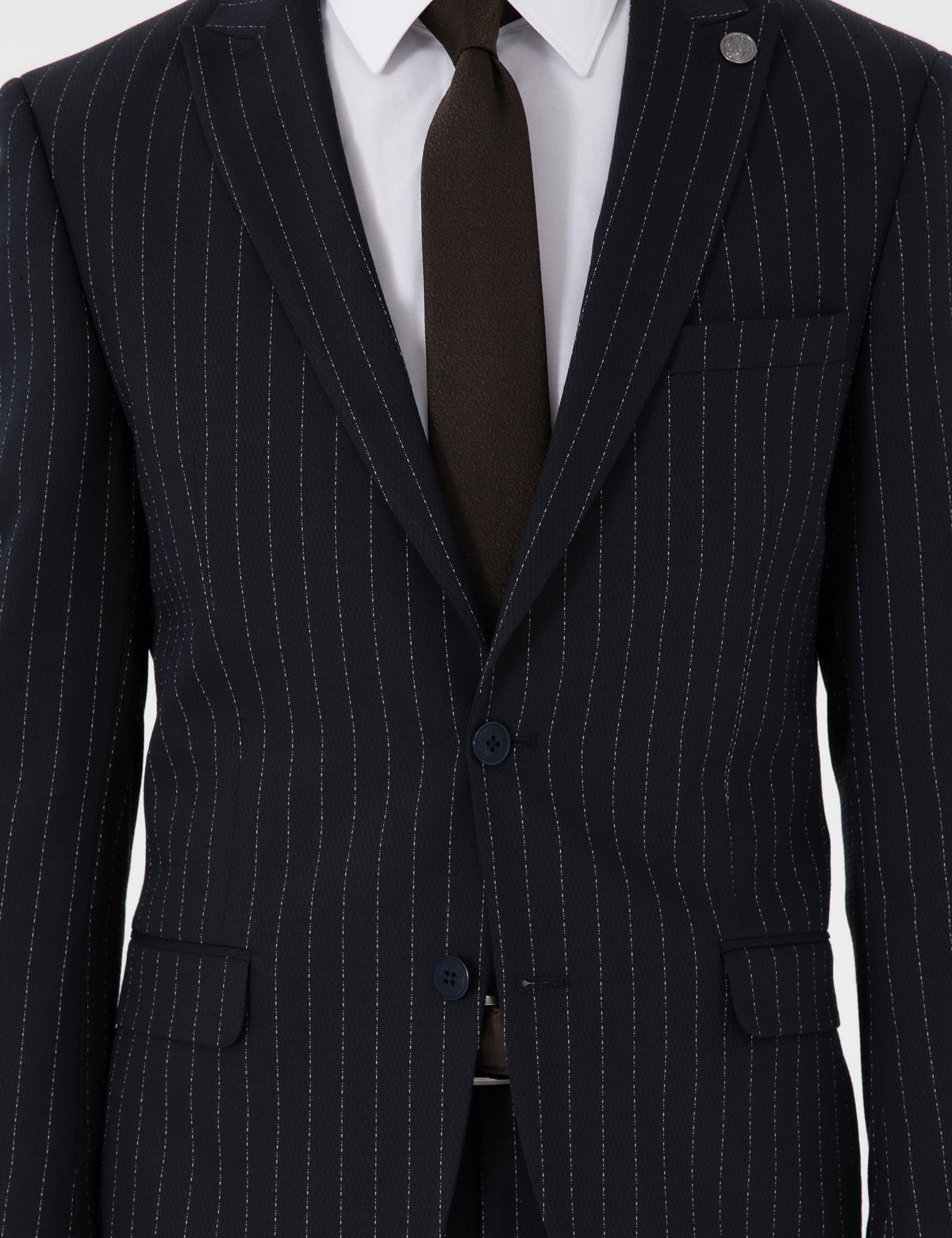 Lacivert Ex. Slim Fit Çizgili Takım Elbise - 50306678005