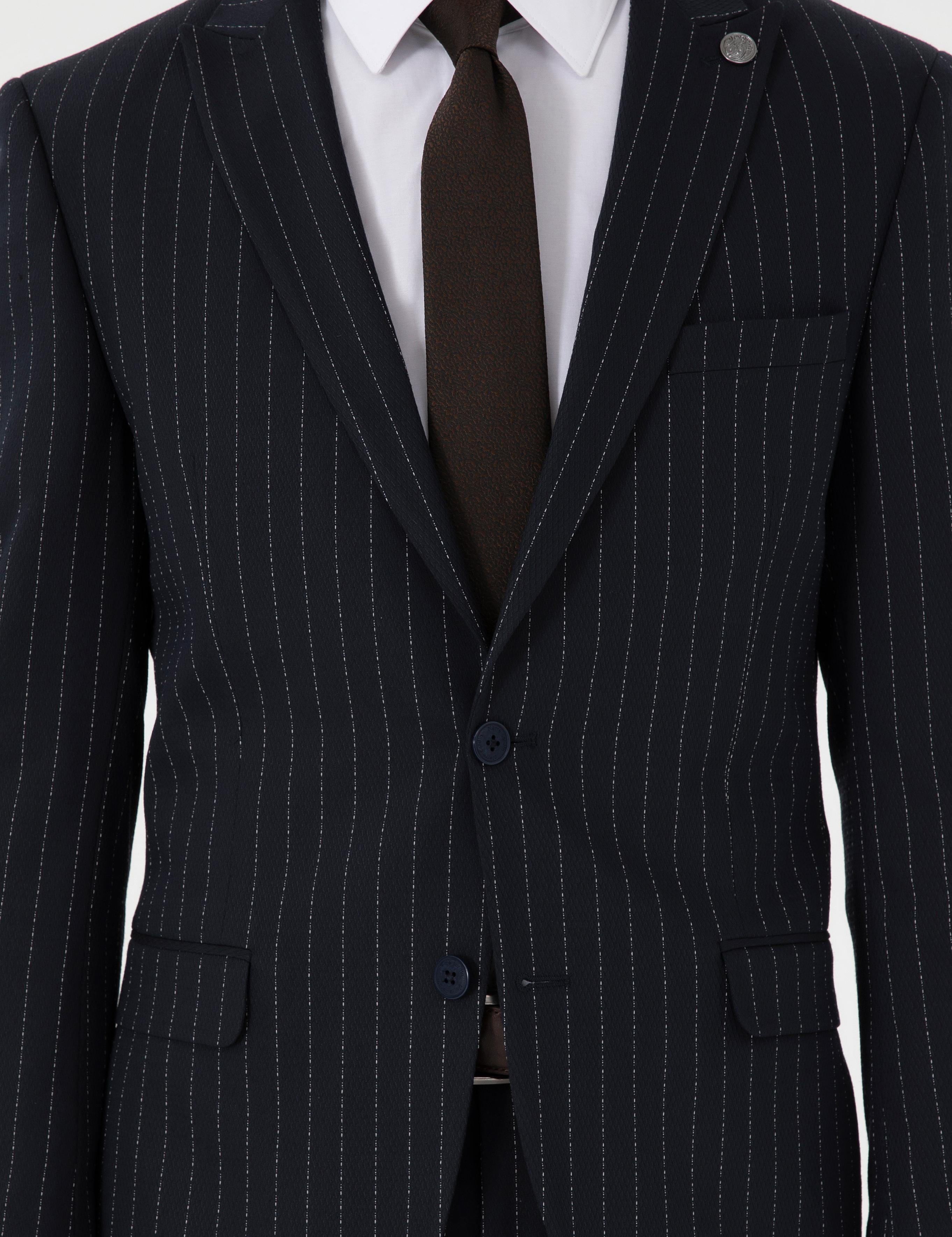 Lacivert Ex. Slim Fit Çizgili Takım Elbise