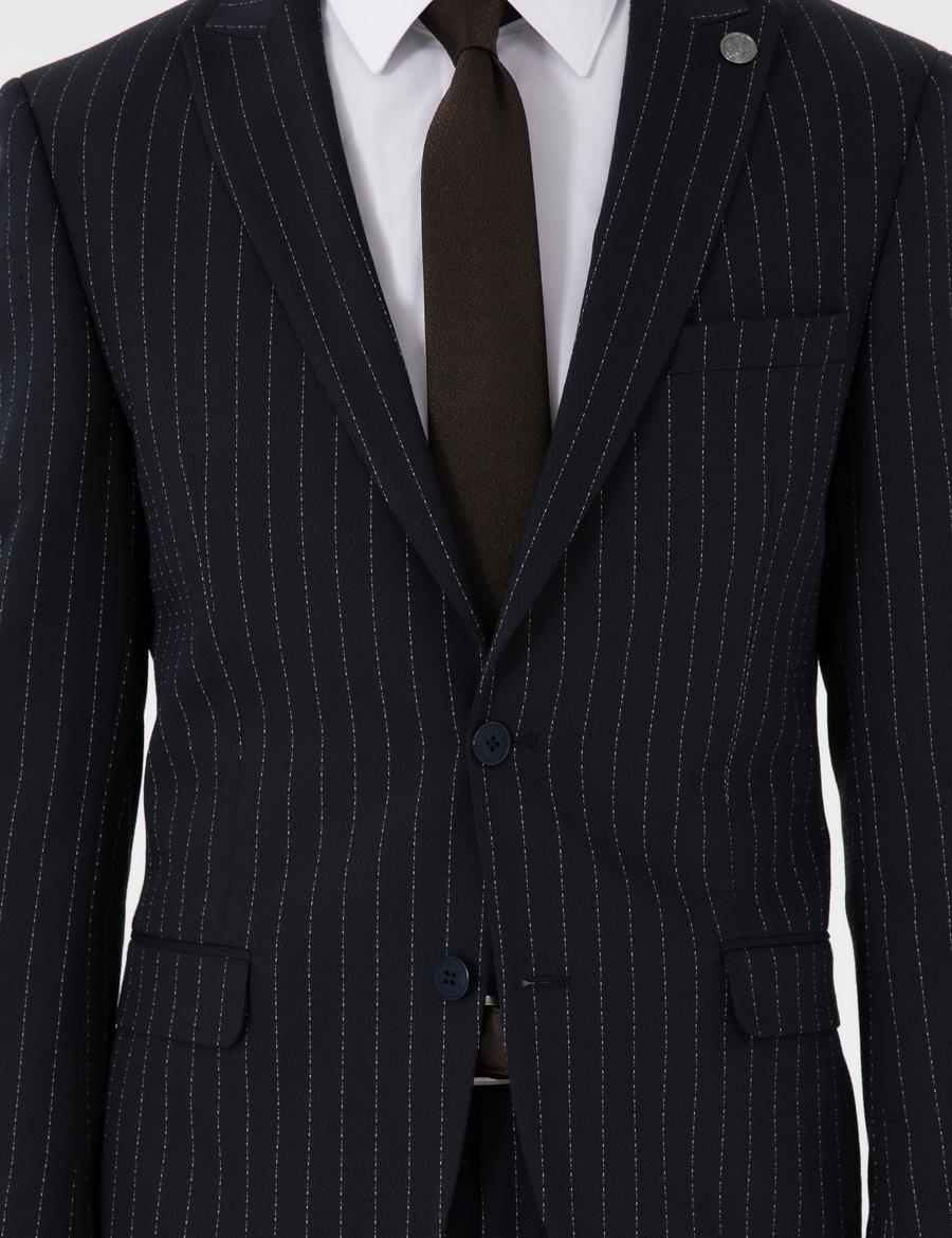 Lacivert Ex. Slim Fit Çizgili Takım Elbise