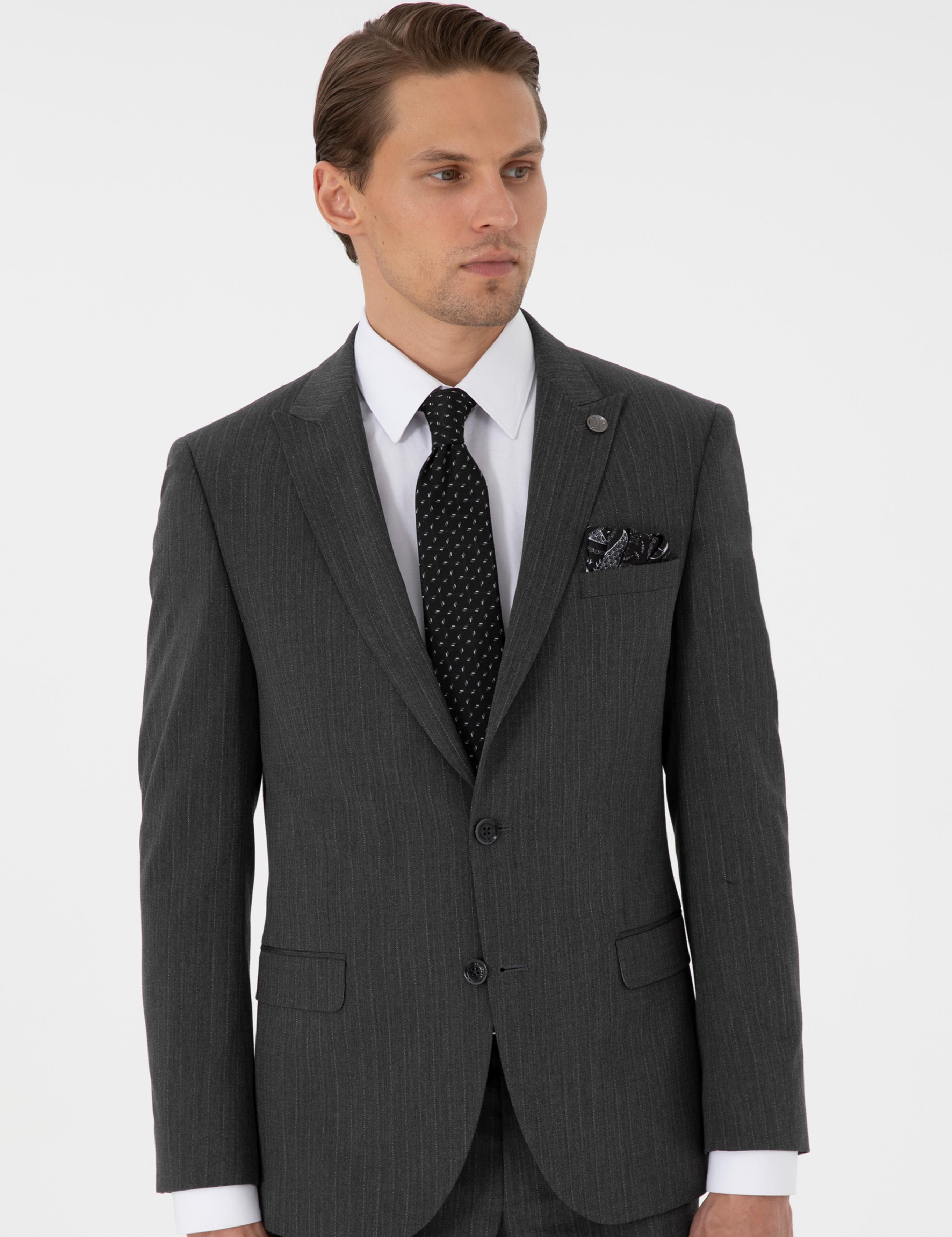 Antrasit Ex. Slim Fit Çizgili Takım Elbise