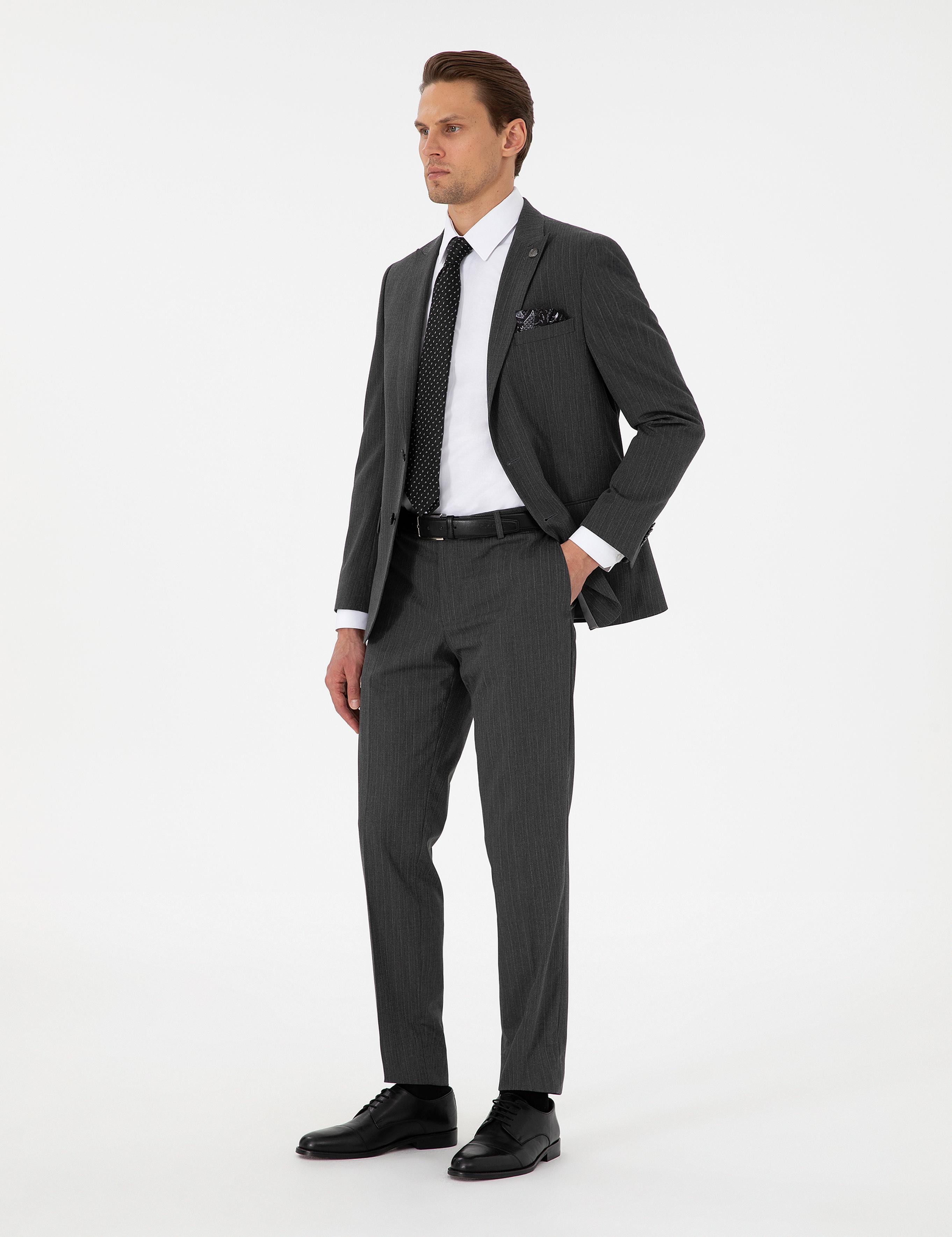 Antrasit Ex. Slim Fit Çizgili Takım Elbise