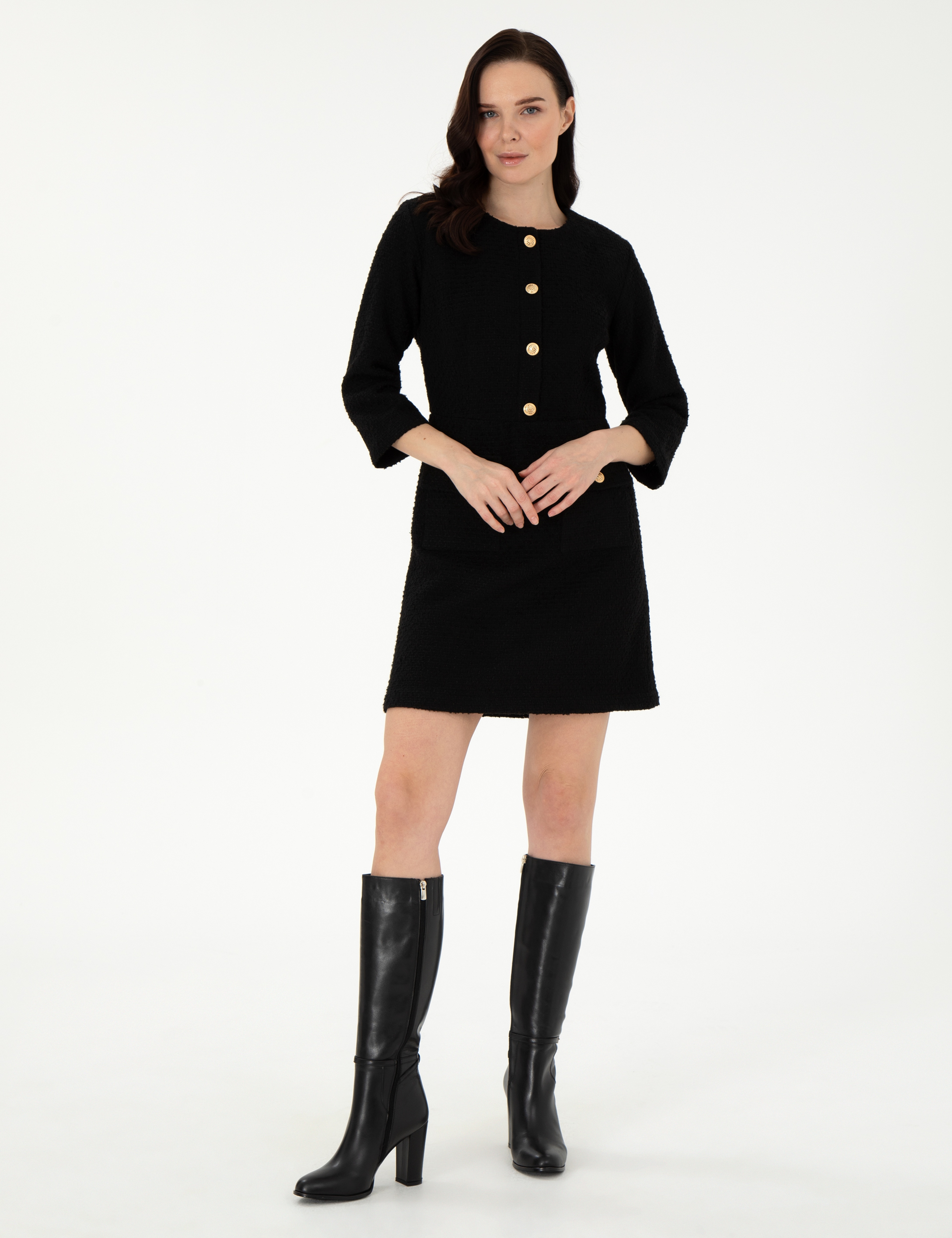Siyah Regular Fit Dokuma Elbise - Image 3