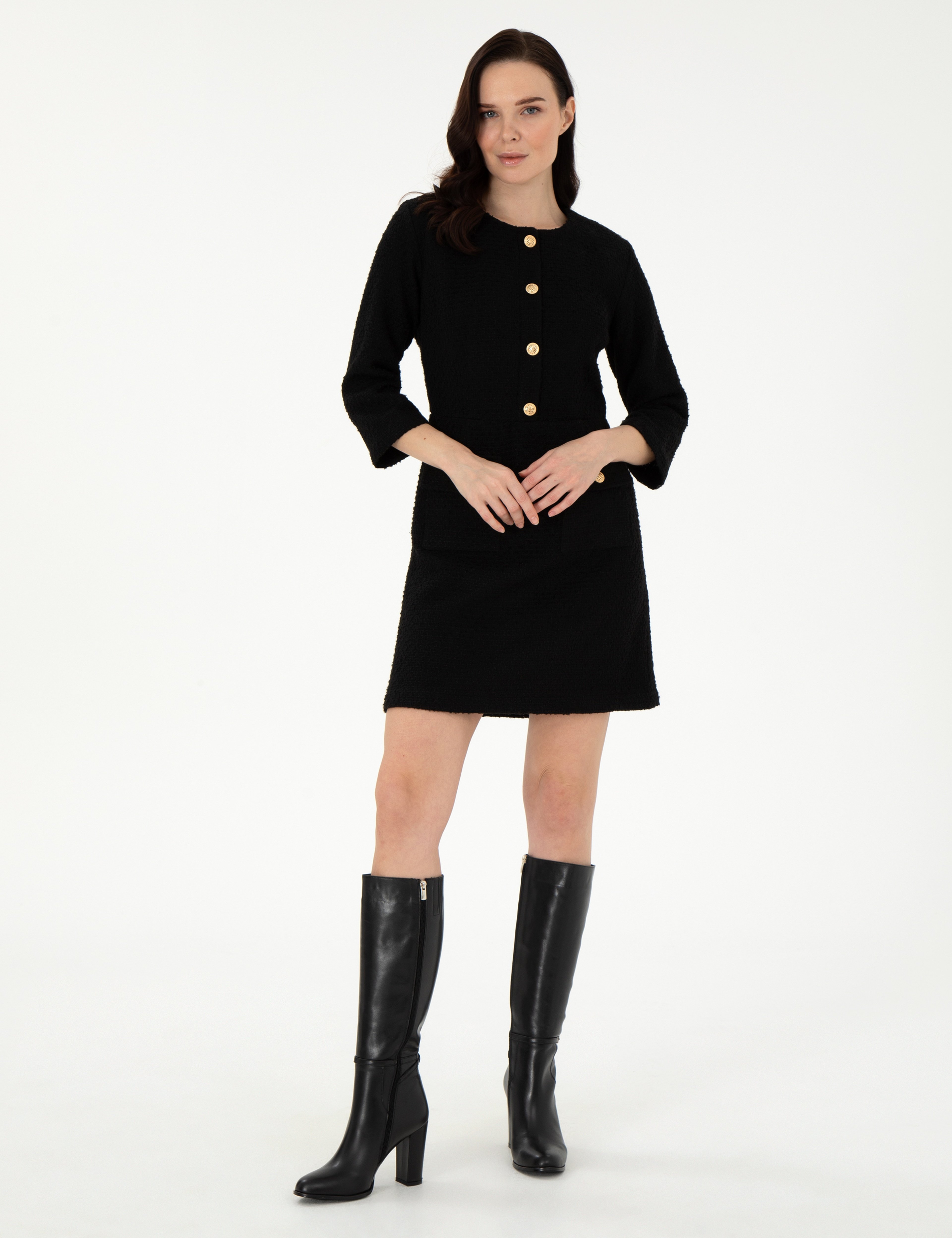 Siyah Regular Fit Dokuma Elbise