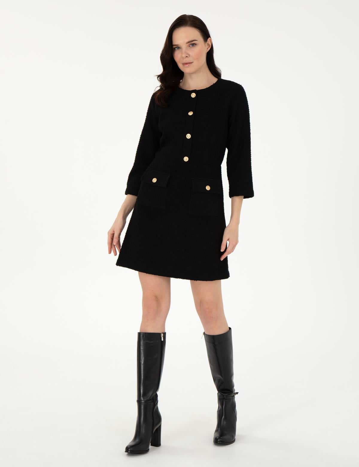 Siyah Regular Fit Dokuma Elbise