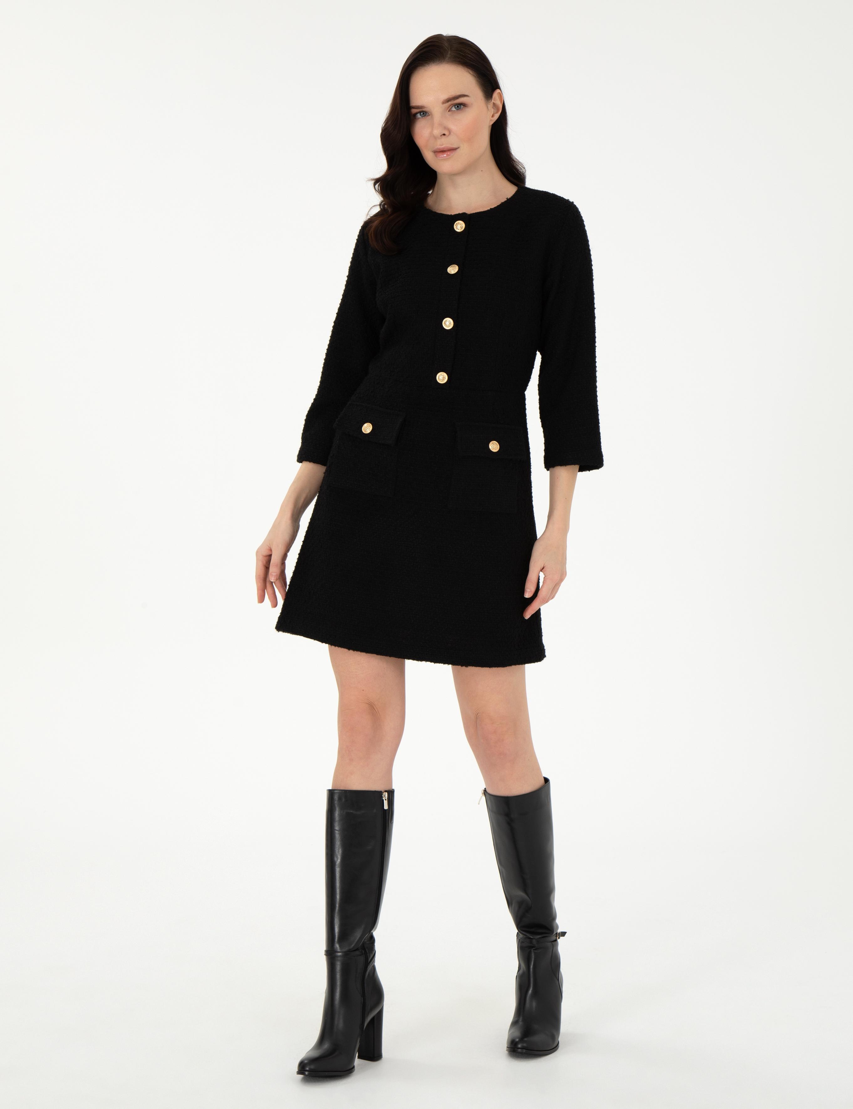 Siyah Regular Fit Dokuma Elbise