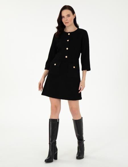 Siyah Regular Fit Dokuma Elbise - 50292218002