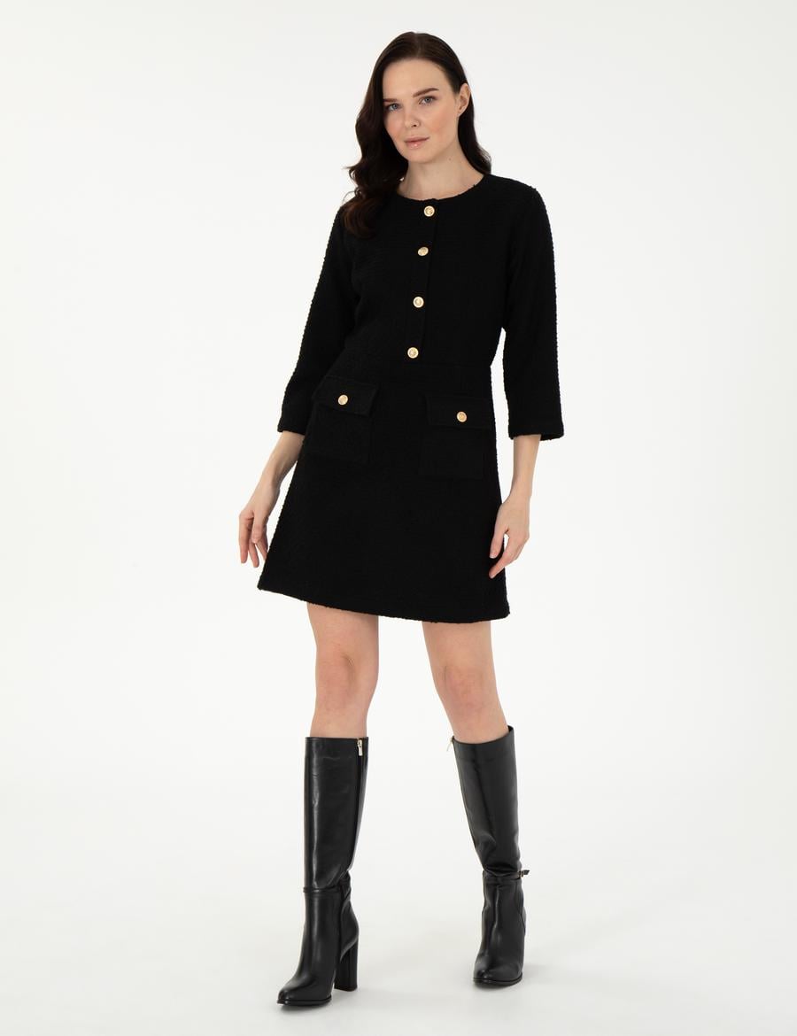 Siyah Regular Fit Dokuma Elbise