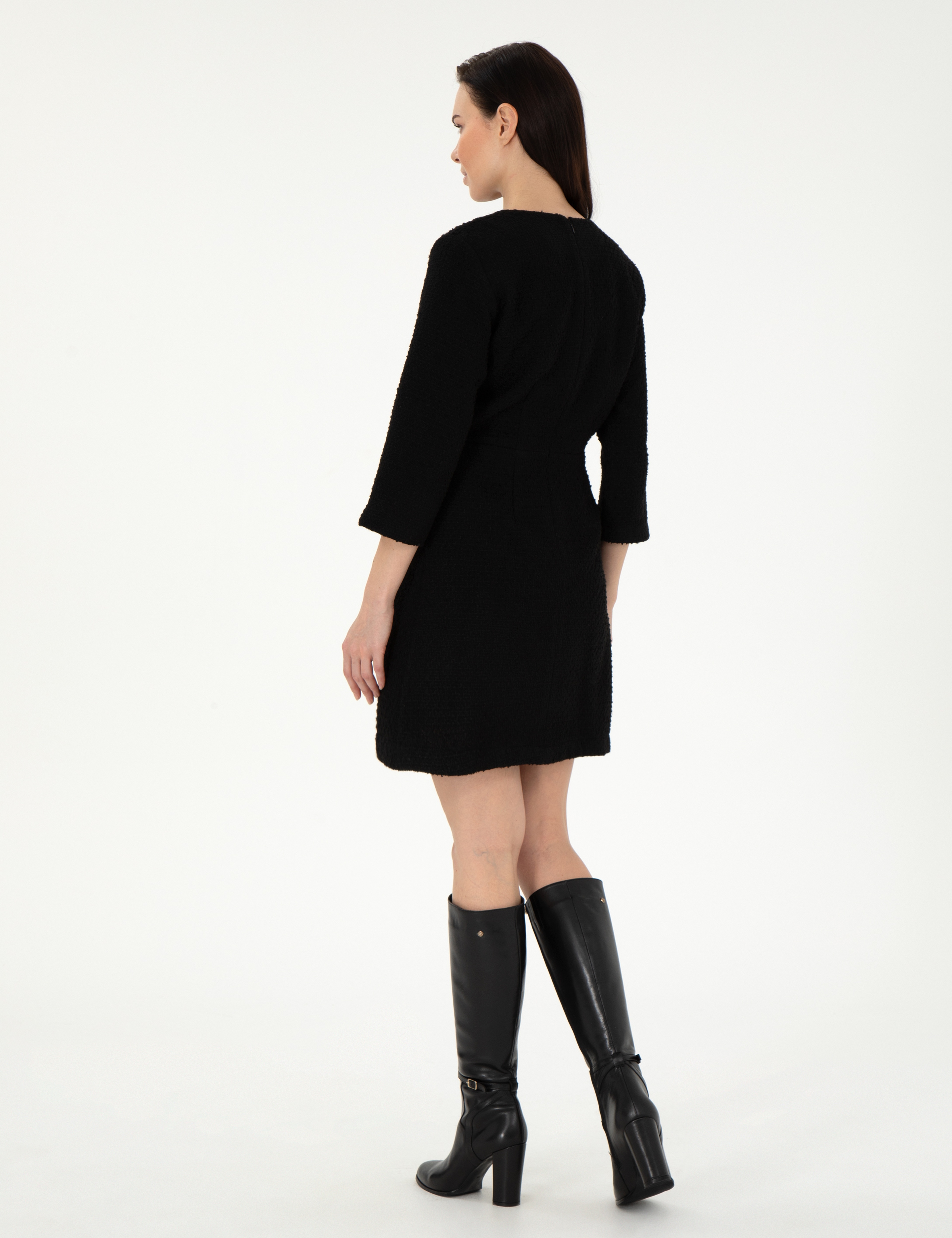 Siyah Regular Fit Dokuma Elbise - Image 4