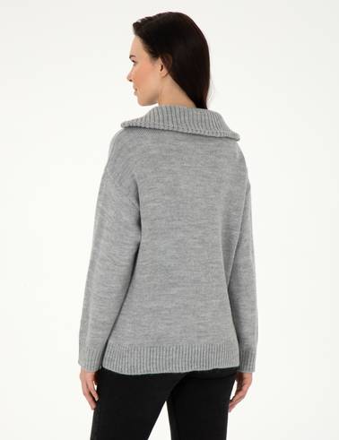 Gri Melanj Comfort Fit Fermuarlı Kazak