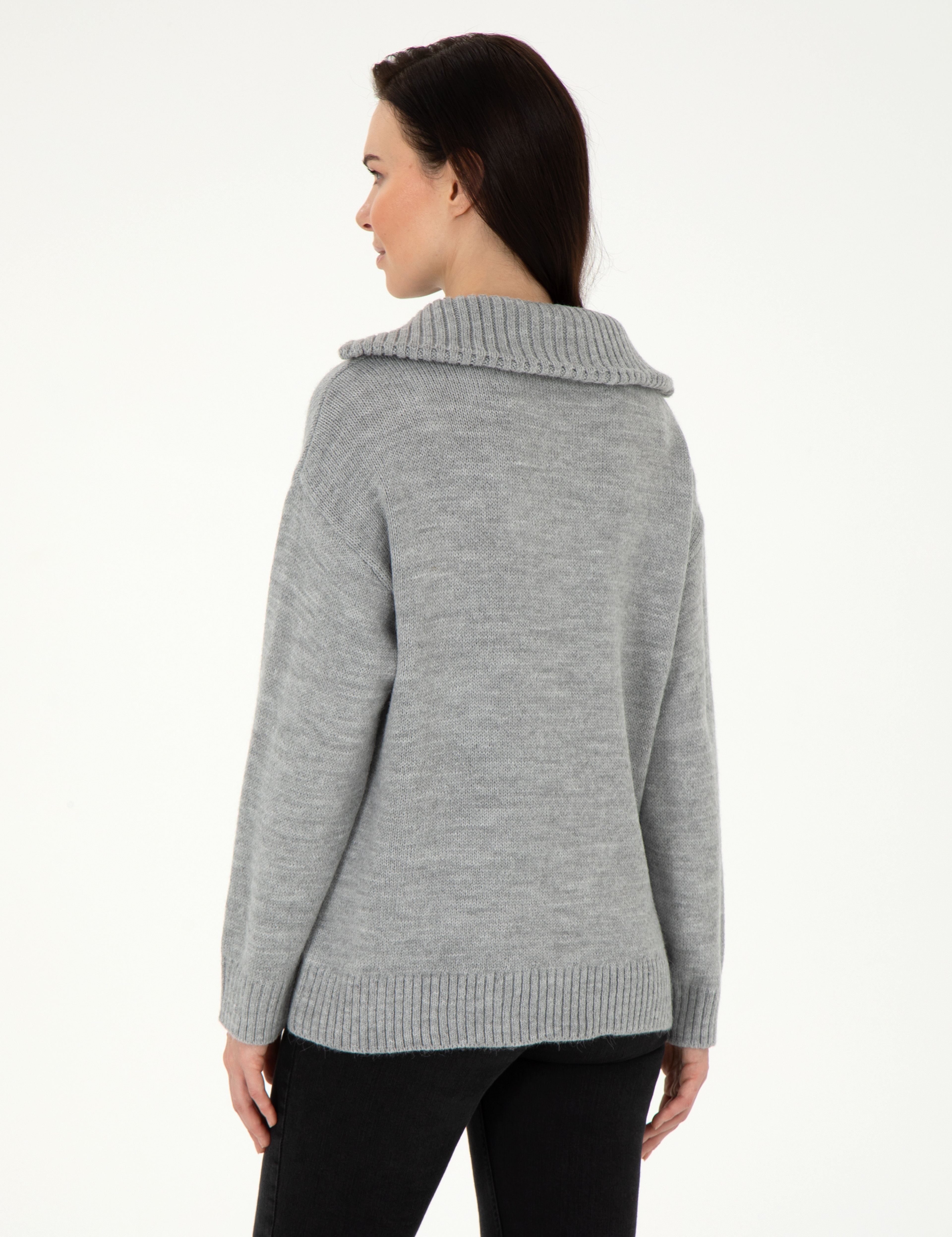 Gri Melanj Comfort Fit Fermuarlı Kazak - Image 5