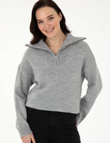 Gri Melanj Comfort Fit Fermuarlı Kazak