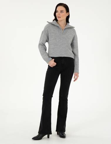 Gri Melanj Comfort Fit Fermuarlı Kazak