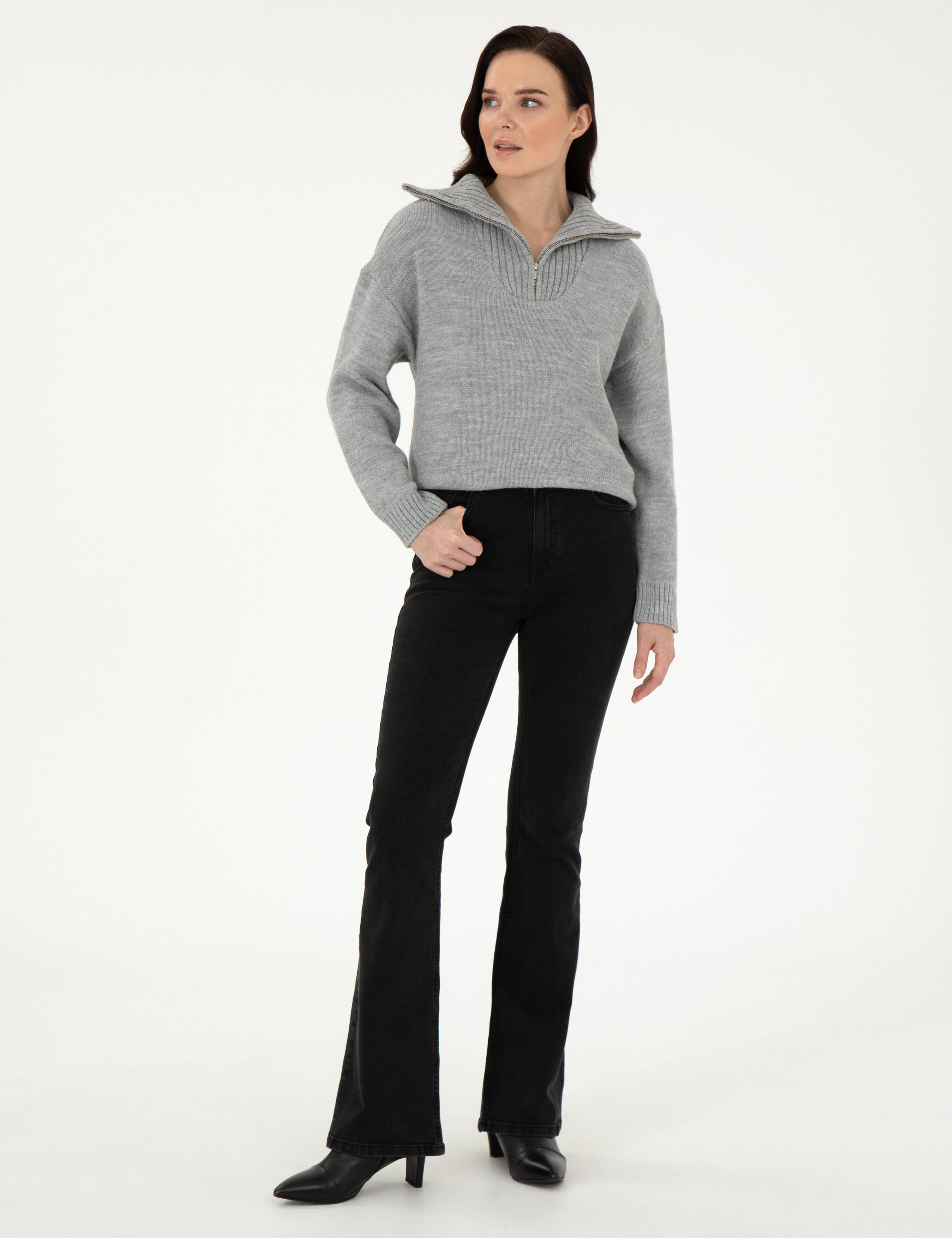 Gri Melanj Comfort Fit Fermuarlı Kazak