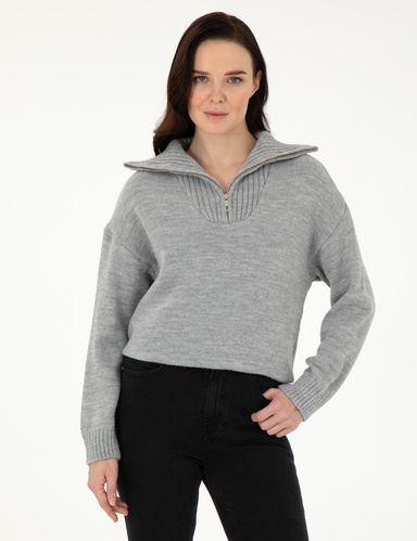 Gri Melanj Comfort Fit Fermuarlı Kazak