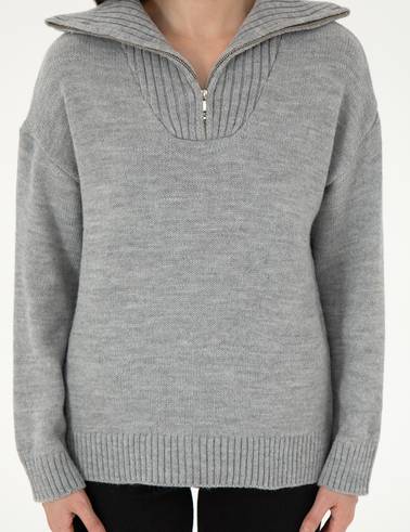 Gri Melanj Comfort Fit Fermuarlı Kazak
