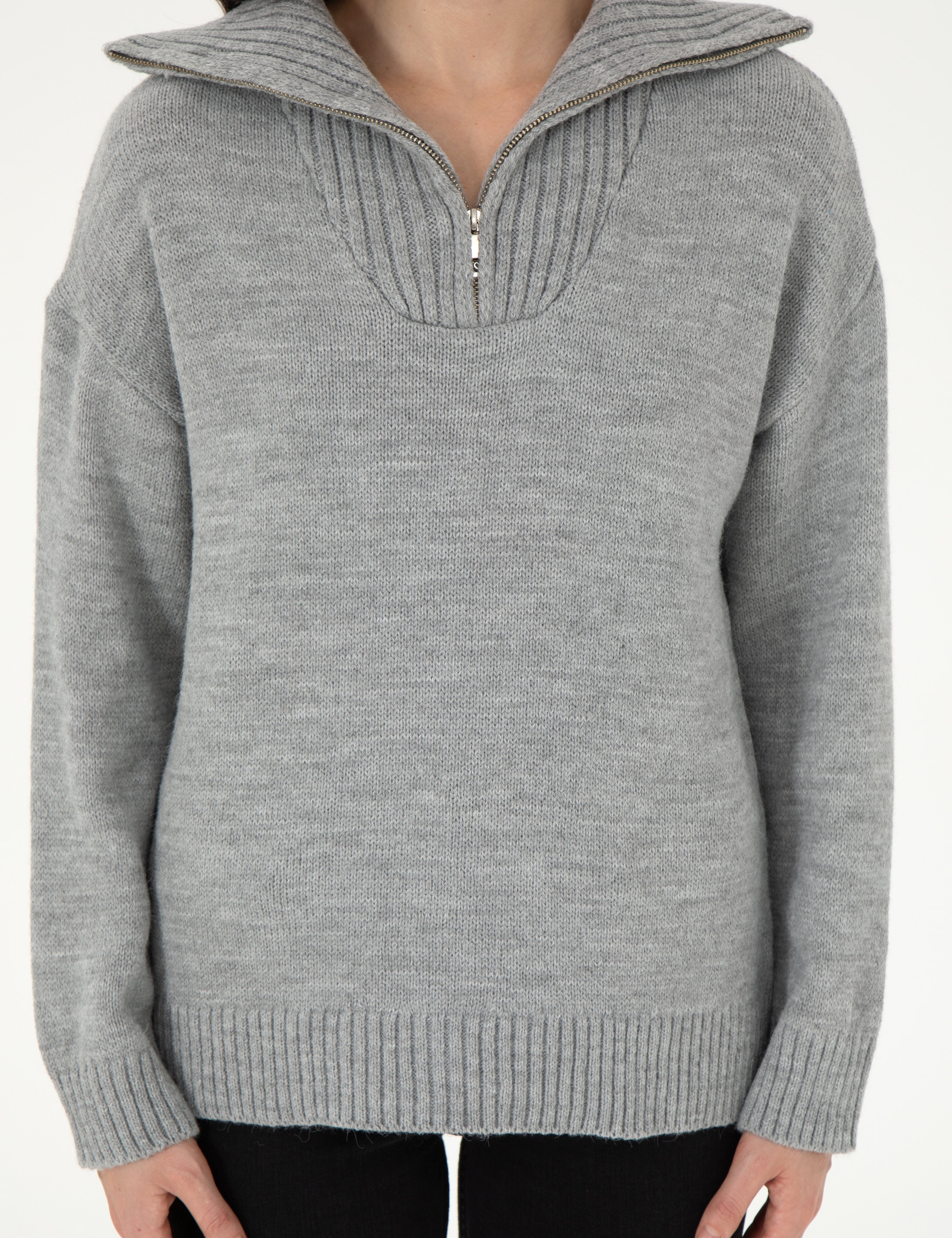 Gri Melanj Comfort Fit Fermuarlı Kazak - Image 6