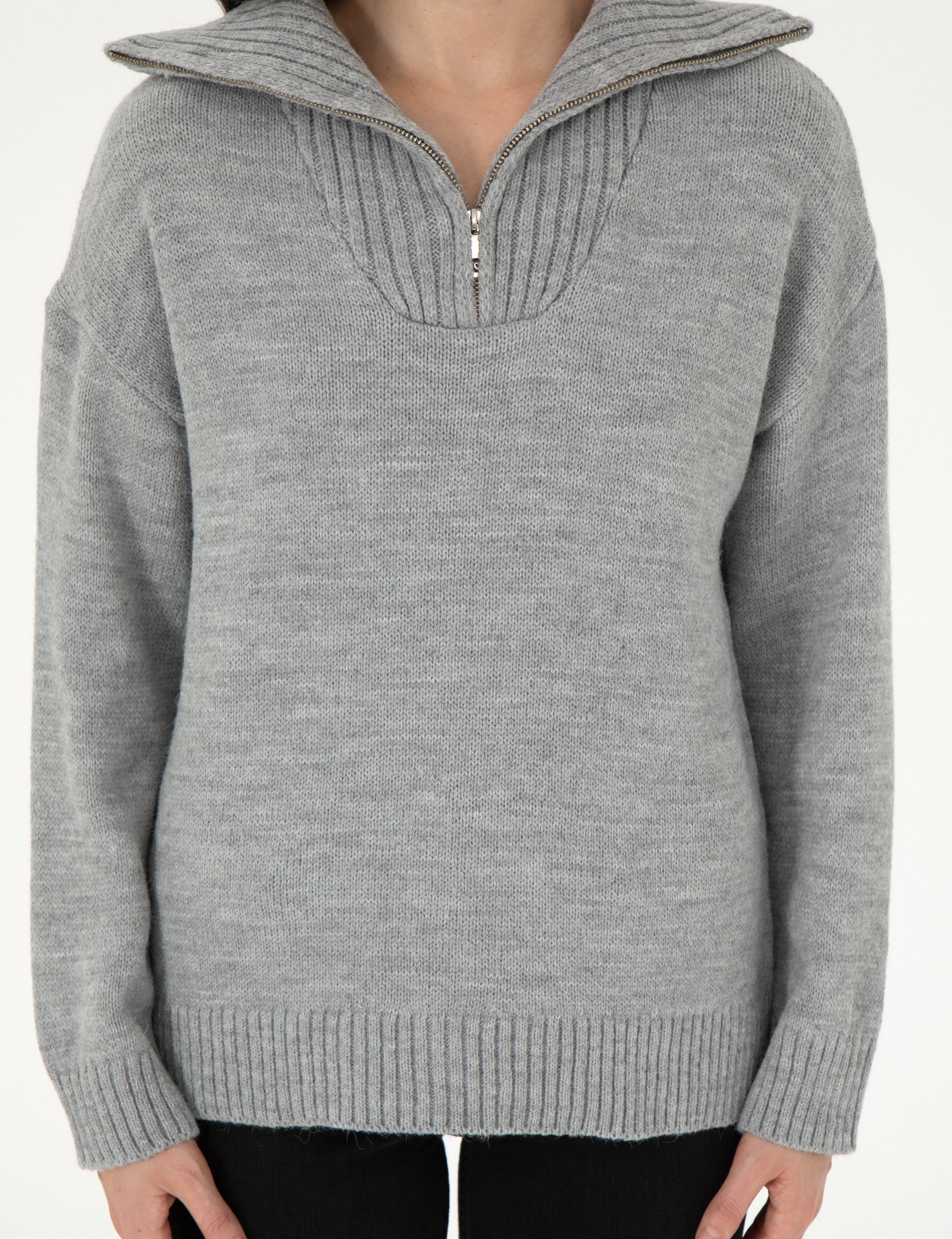 Gri Melanj Comfort Fit Fermuarlı Kazak