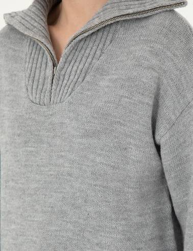 Gri Melanj Comfort Fit Fermuarlı Kazak