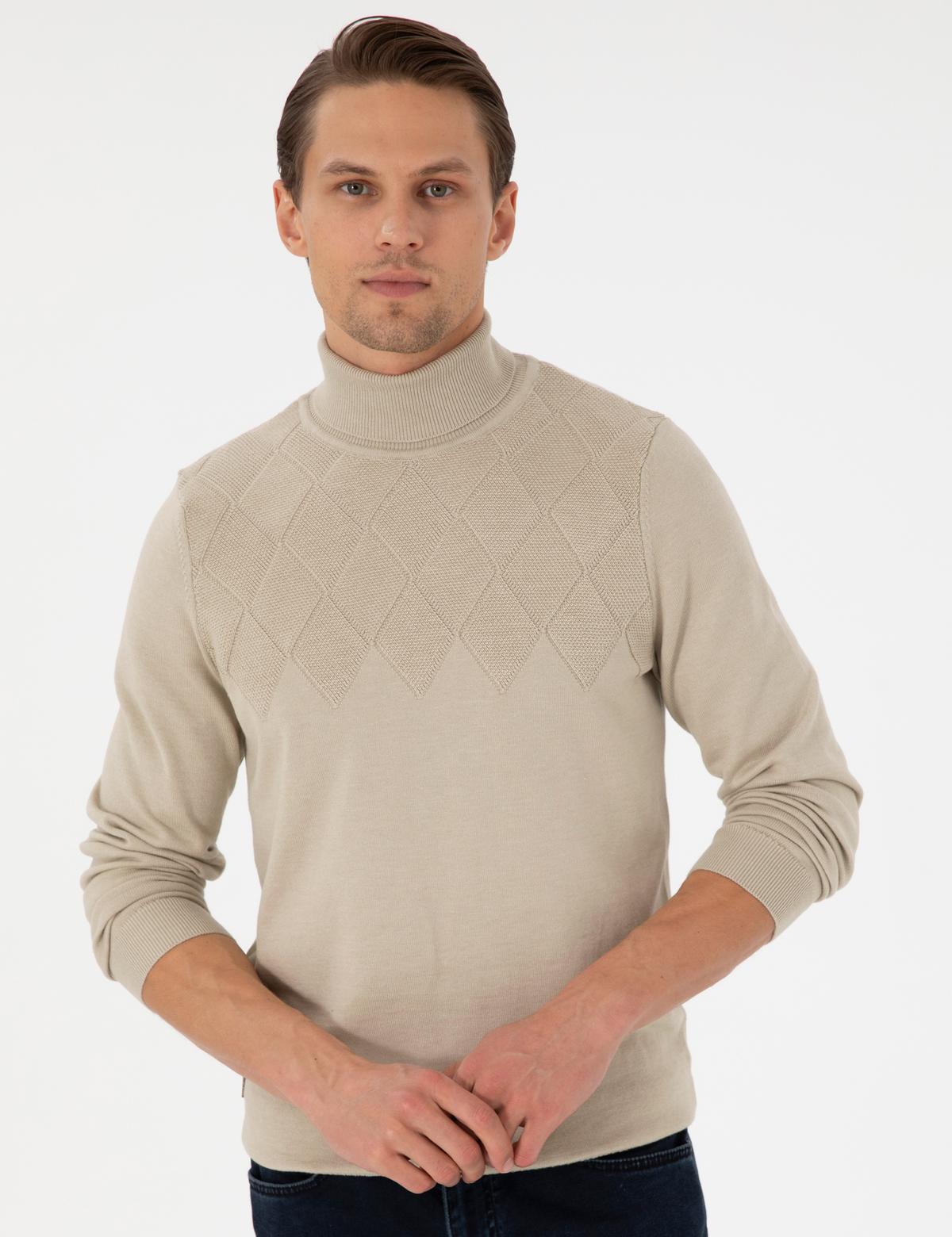 Kum Melanj Slim Fit Balıkçı Yaka Triko Kazak