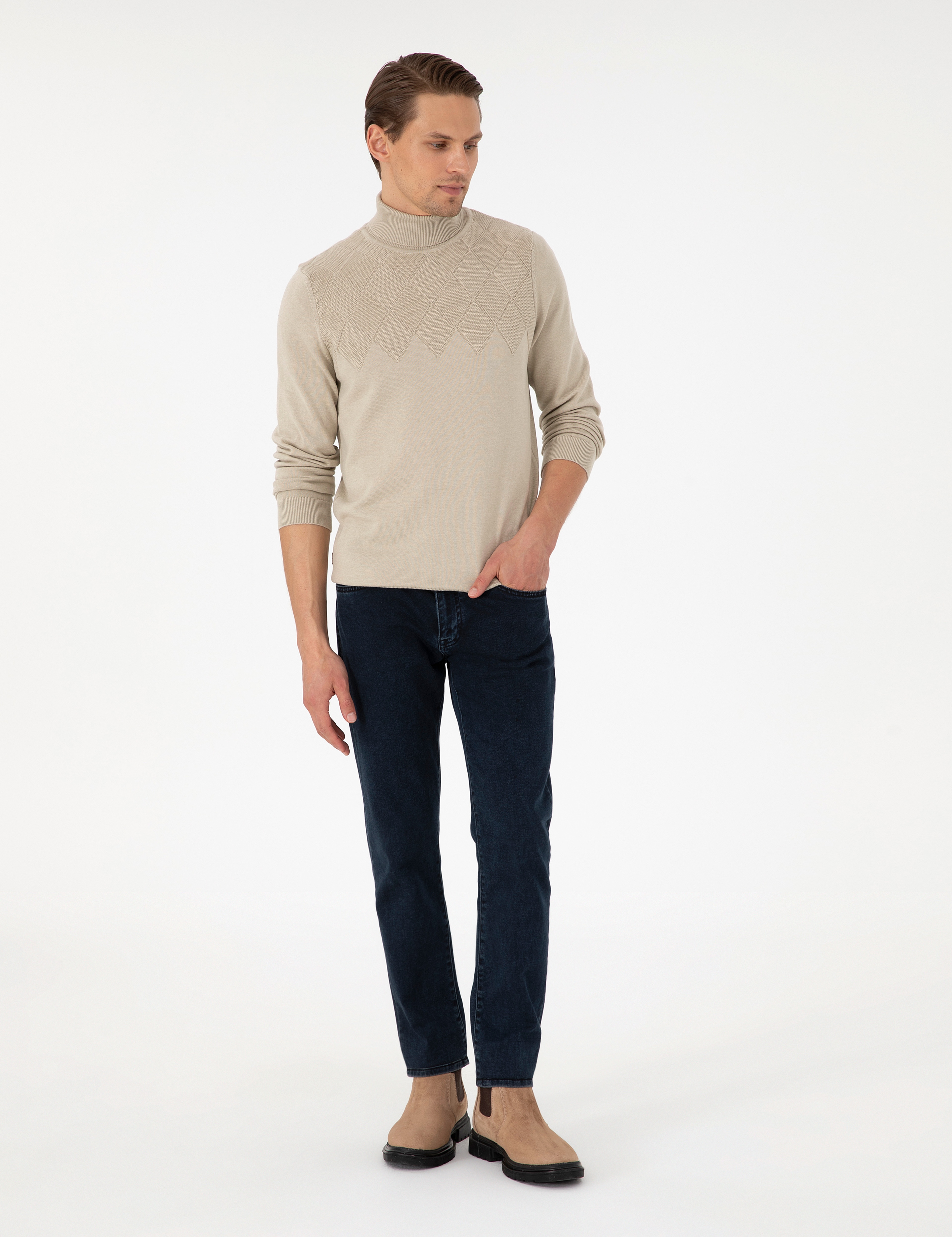 Kum Melanj Slim Fit Balıkçı Yaka Triko Kazak - Image 4