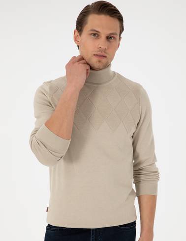 Kum Melanj Slim Fit Balıkçı Yaka Triko Kazak