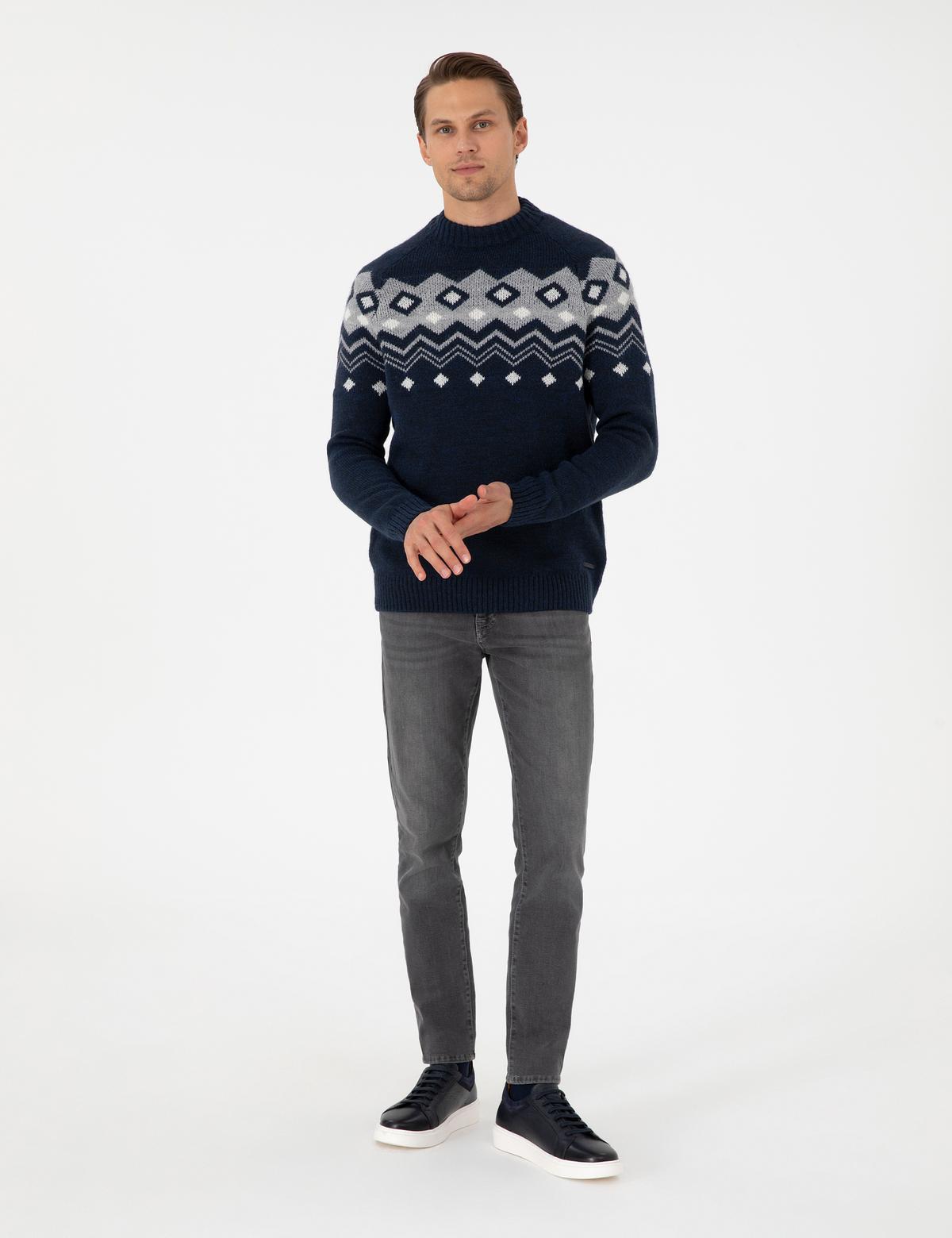 Lacivert Slim Fit Çeyrek Yaka Triko Kazak - 50296448011