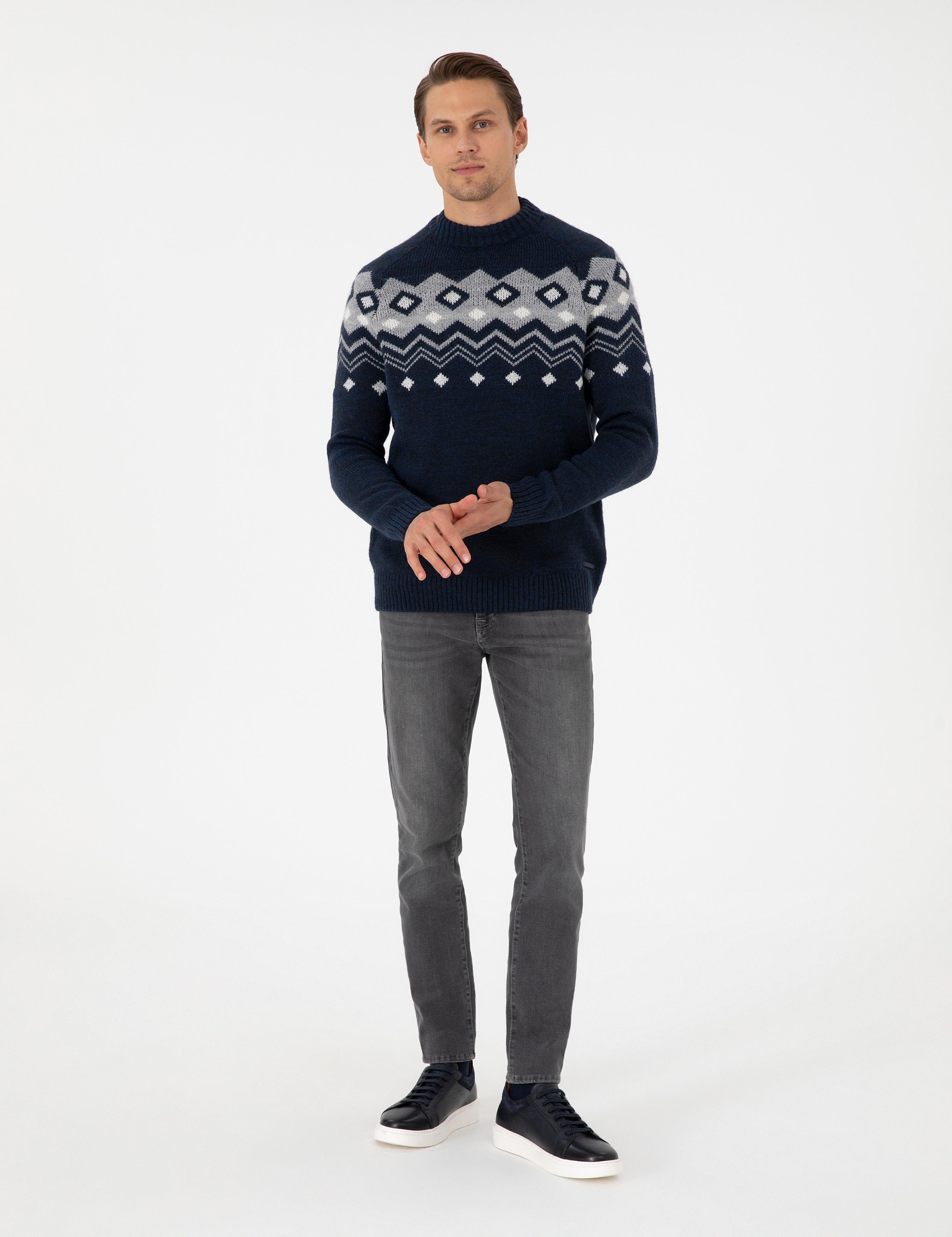 Lacivert Slim Fit Çeyrek Yaka Triko Kazak